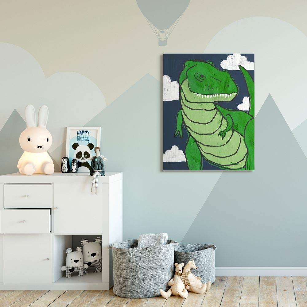 Stupell Industries T-Rex Dinosaur Wall Art for Kids - Green Dinosaur & Blue Sky Illustration by Daphne Polselli - 36x48 Inch Canvas Print - Perfect for Nursery, Playroom & Kids Bedroom Decor