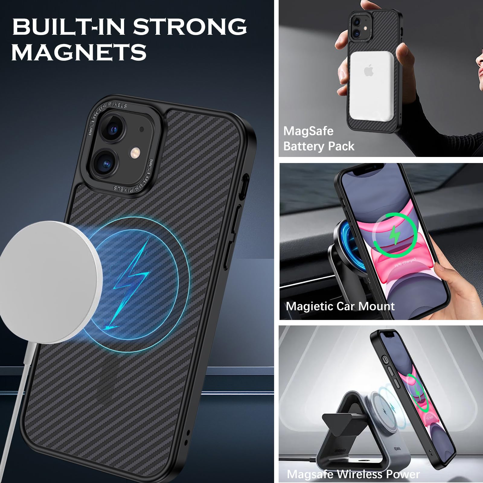 YINLAI Magnetic Phone Case for iPhone 11 6.1-Inch [Magsafe Compatible] - Carbon Fiber Slim Protective Cover with Metal Frame & Buttons | Shockproof & Wireless Charging Support | Perfect for Men & Women | Ideal for Daily Use, Work & Outdoor Activities (Black)