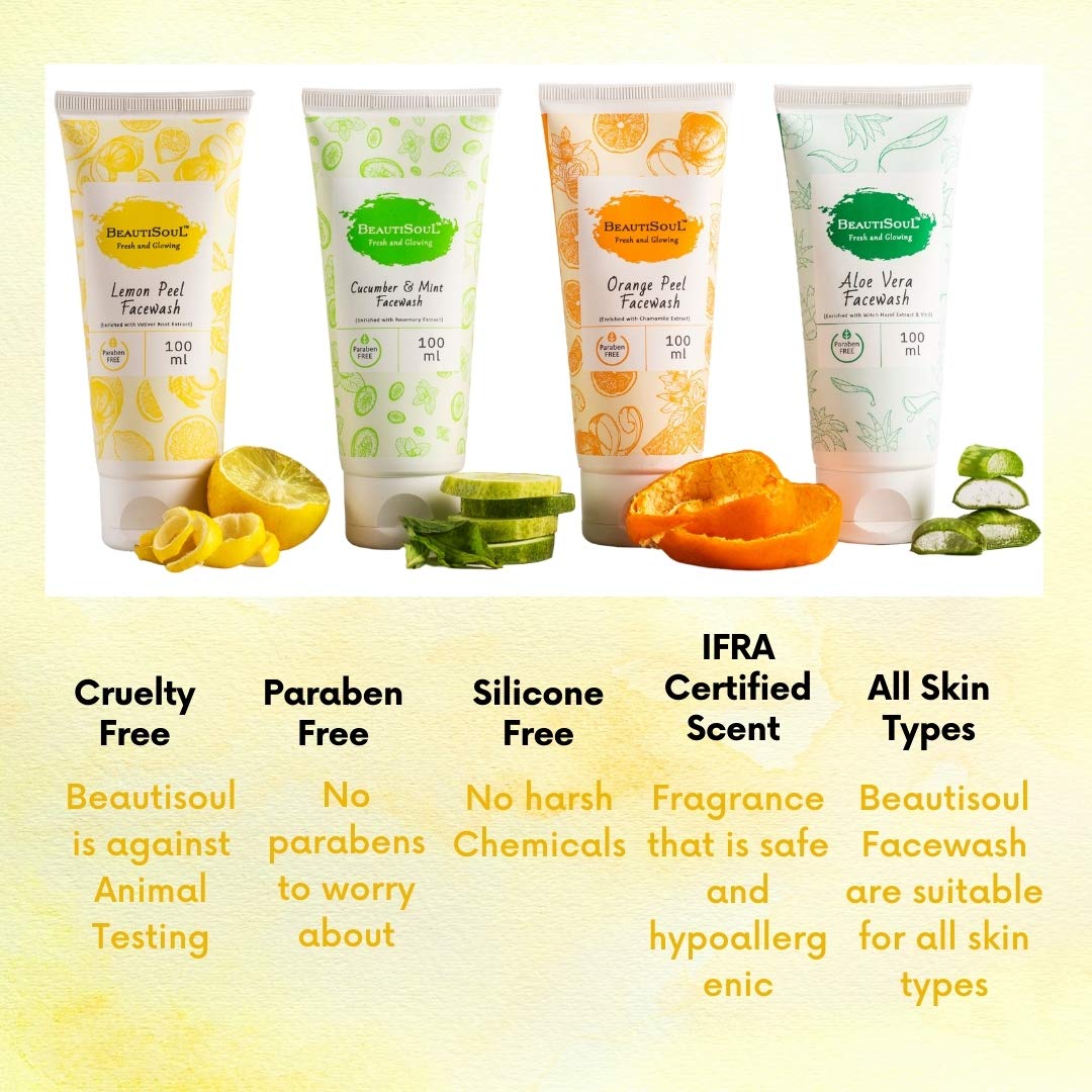 Beautisoul Lemon Peel Face Wash with Pure Lemon Peel, Vetiver Root & Aloe Vera | Brightening Cleanser for Men & Women | Pack of 3 (3 x 100ml) | Gentle Exfoliation for Glowing Skin, Morning & Night Routine