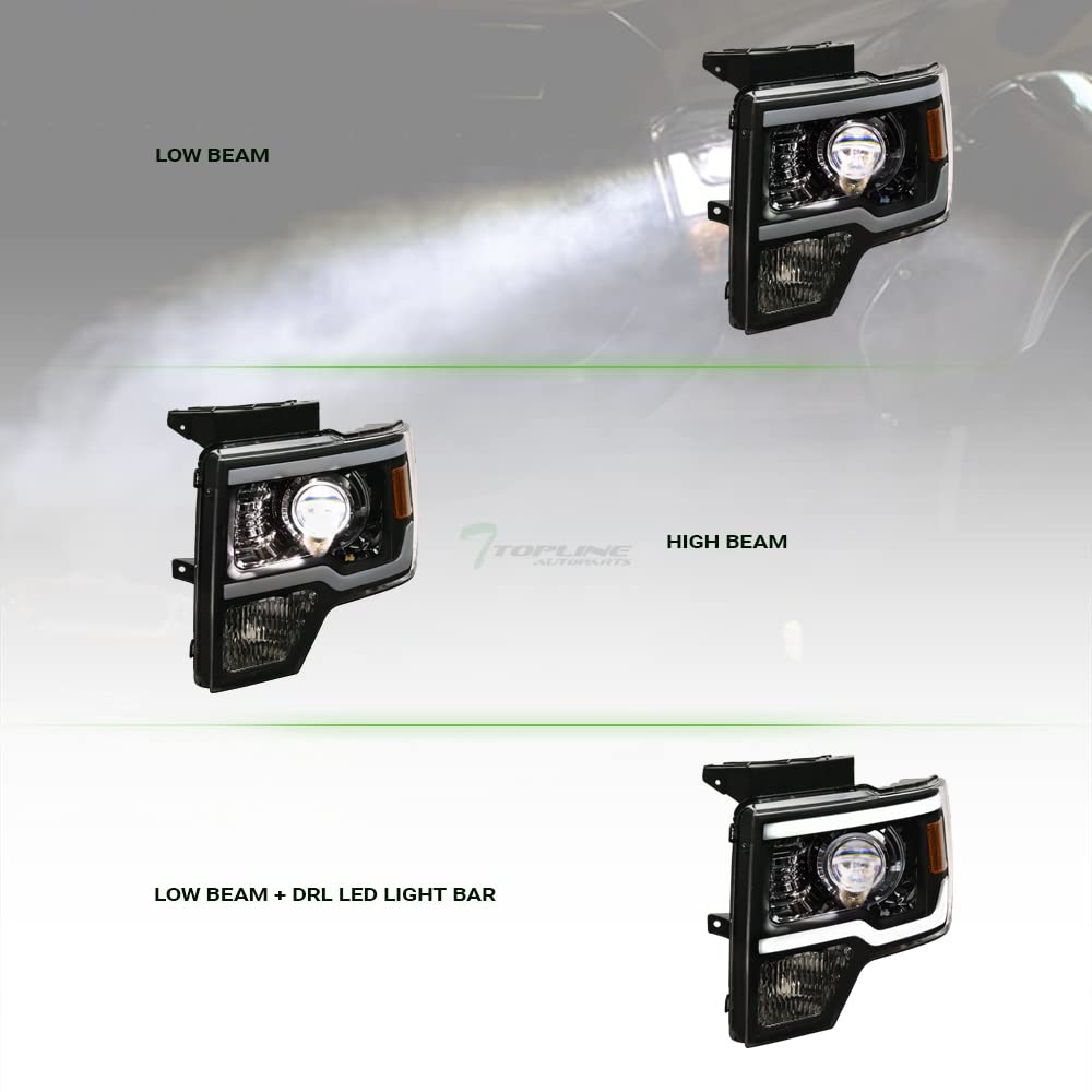 DRL LED Strip Tube Bar Black Housing Projector Headlights Signal Lamps Amber Reflector - Compatible with 2009-2014 Ford F150 Pickup Truck | Upgrade Lighting for Night Driving & Off-Road Adventures