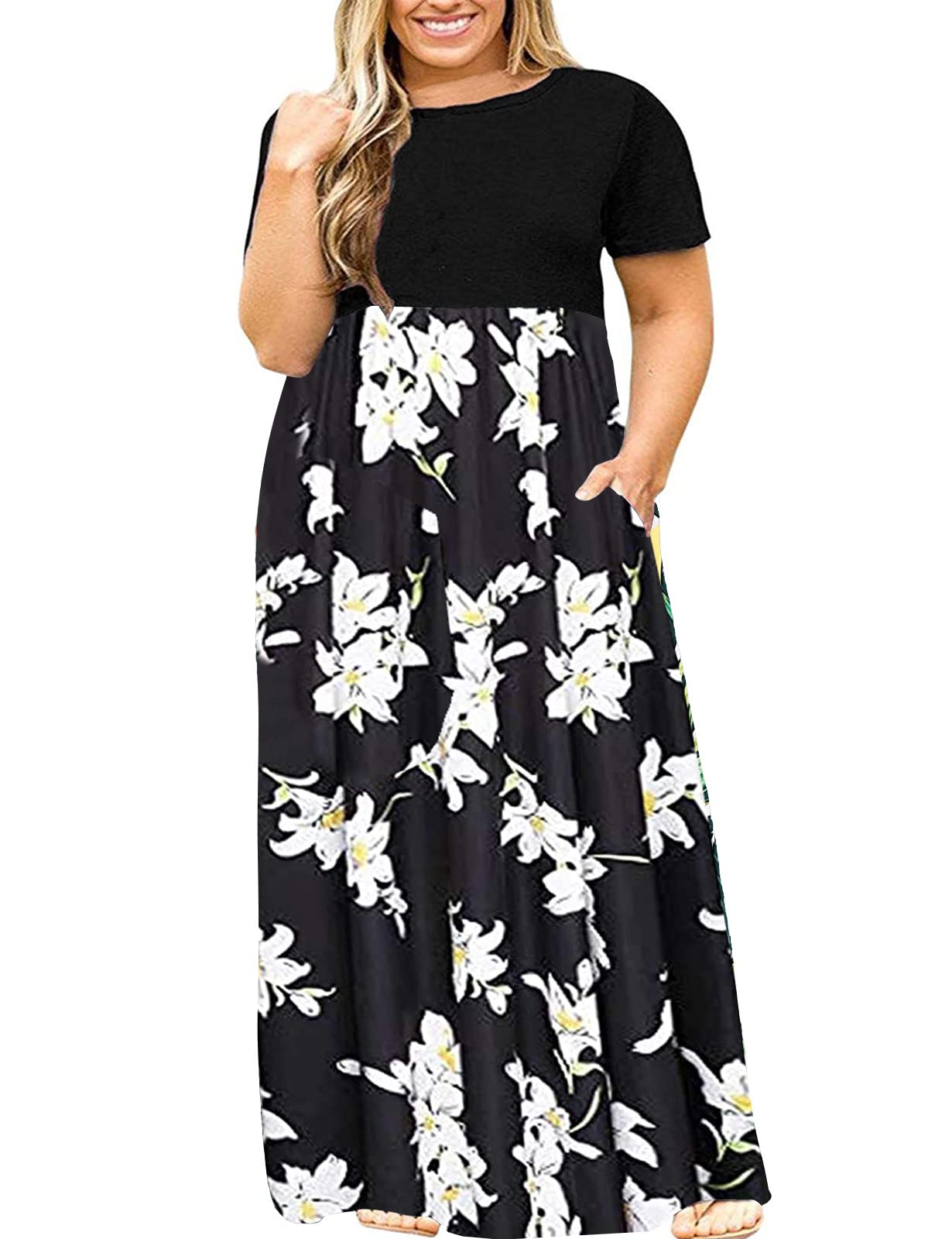Kancystore Women's Plus Size Short Sleeve Maxi Dress with Pockets - Flowy Loose Casual Summer Dress for Beach, Vacation & Everyday Wear