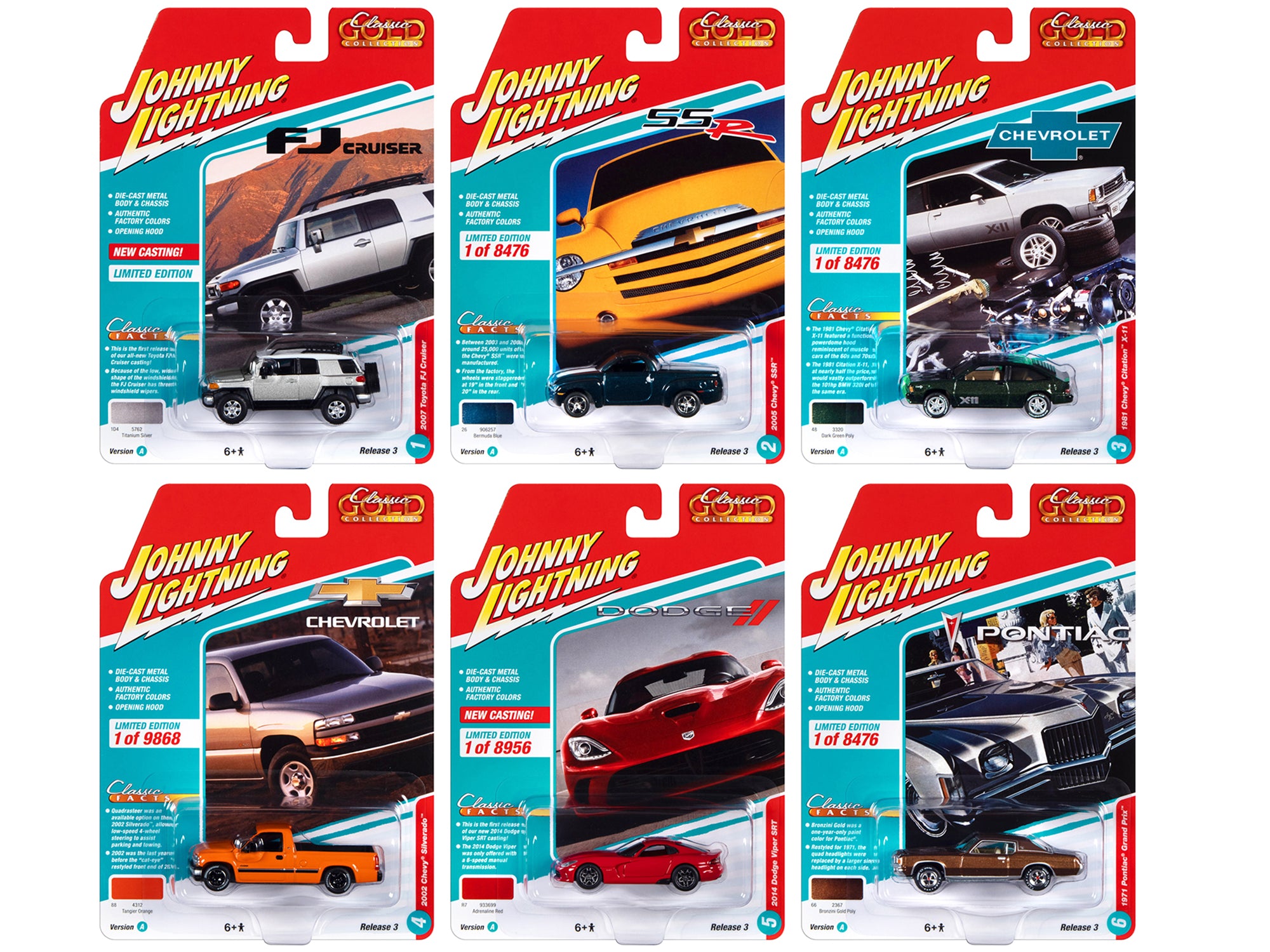 Johnny Lightning 1/64 Diecast Model Cars - Classic Gold Collection 2022 Set A (6 Cars) - Perfect for Collectors, Display & Racing Scenes