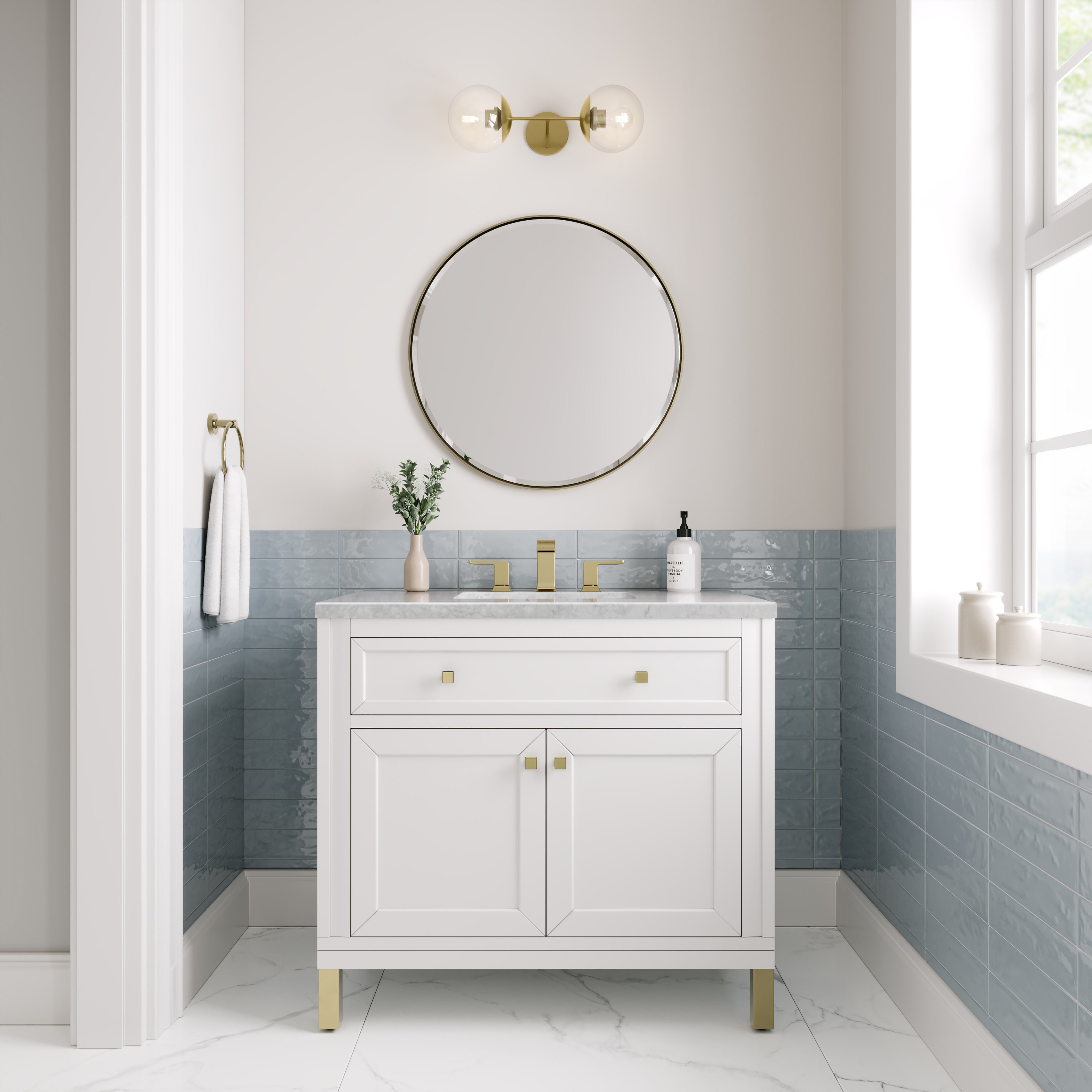 Chicago 36 Inch Single Bathroom Vanity Set with Glossy White Finish & 3CM Carrara Marble Countertop – Perfect for Modern Master Bathrooms & Powder Rooms