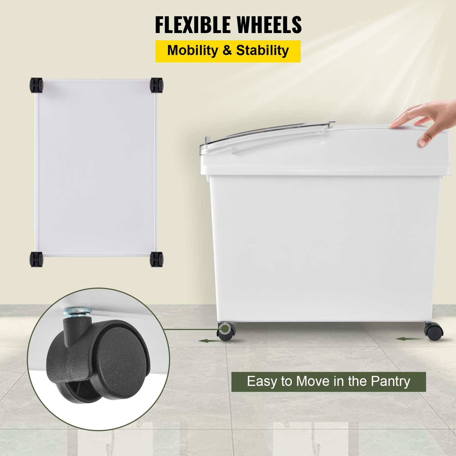 VEVOR 10.5 Gallon Commercial Ingredient Storage Bin Set - 3-Piece White PP Plastic Flour Bins with Wheels, Scoop & Sliding Lid - Ideal for Bakery, Restaurant, and Bulk Food Storage Organization
