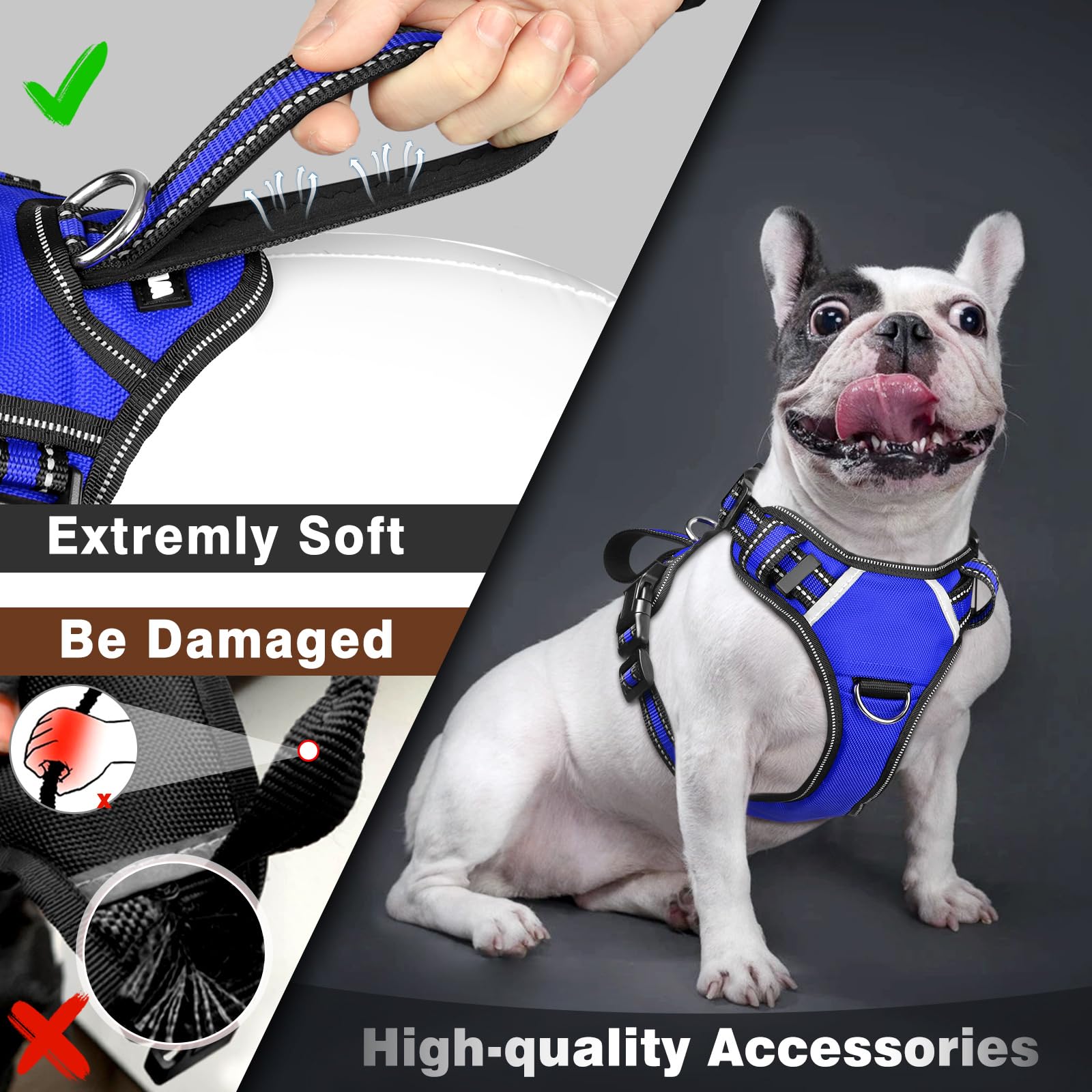 WINSEE No Pull Service Dog Vest with 7 Patches - Reflective Adjustable Dog Harness with Soft Padded Handle for Small Medium Large XL Dogs - Training Walking Outdoor Use (Medium, Dark Blue)