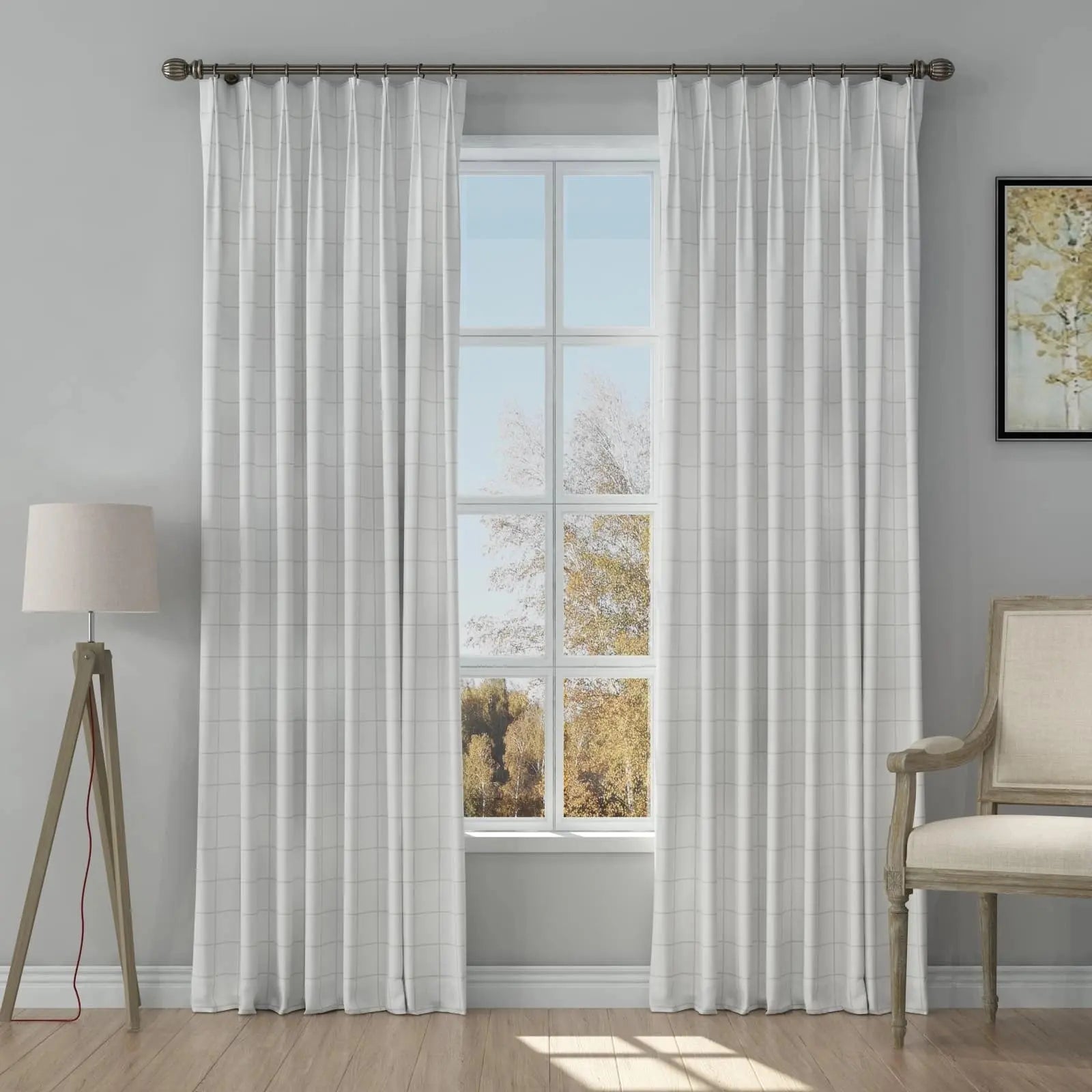 Stefana Silver Print Linen Pinch Pleat Curtains - Unlined Luxury Window Drapes for Living Room & Bedroom Decor