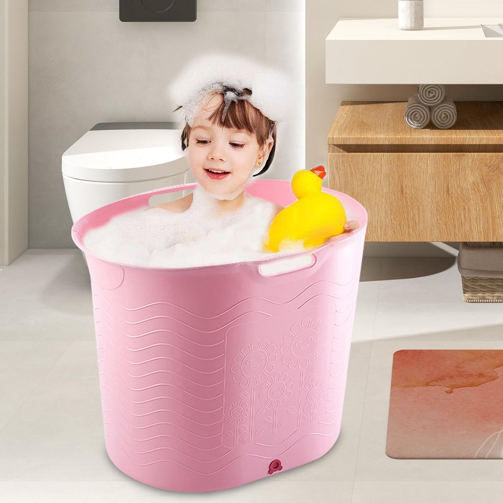 High-Temperature Resistant Baby Bathtub with Drainage - Deep Large Shower Tub for Toddlers & Newborns | Perfect for Baby Showers, Bath Time & Nursery Essentials (Pink/Blue) - Ideal for Home, Daycare & Travel Use