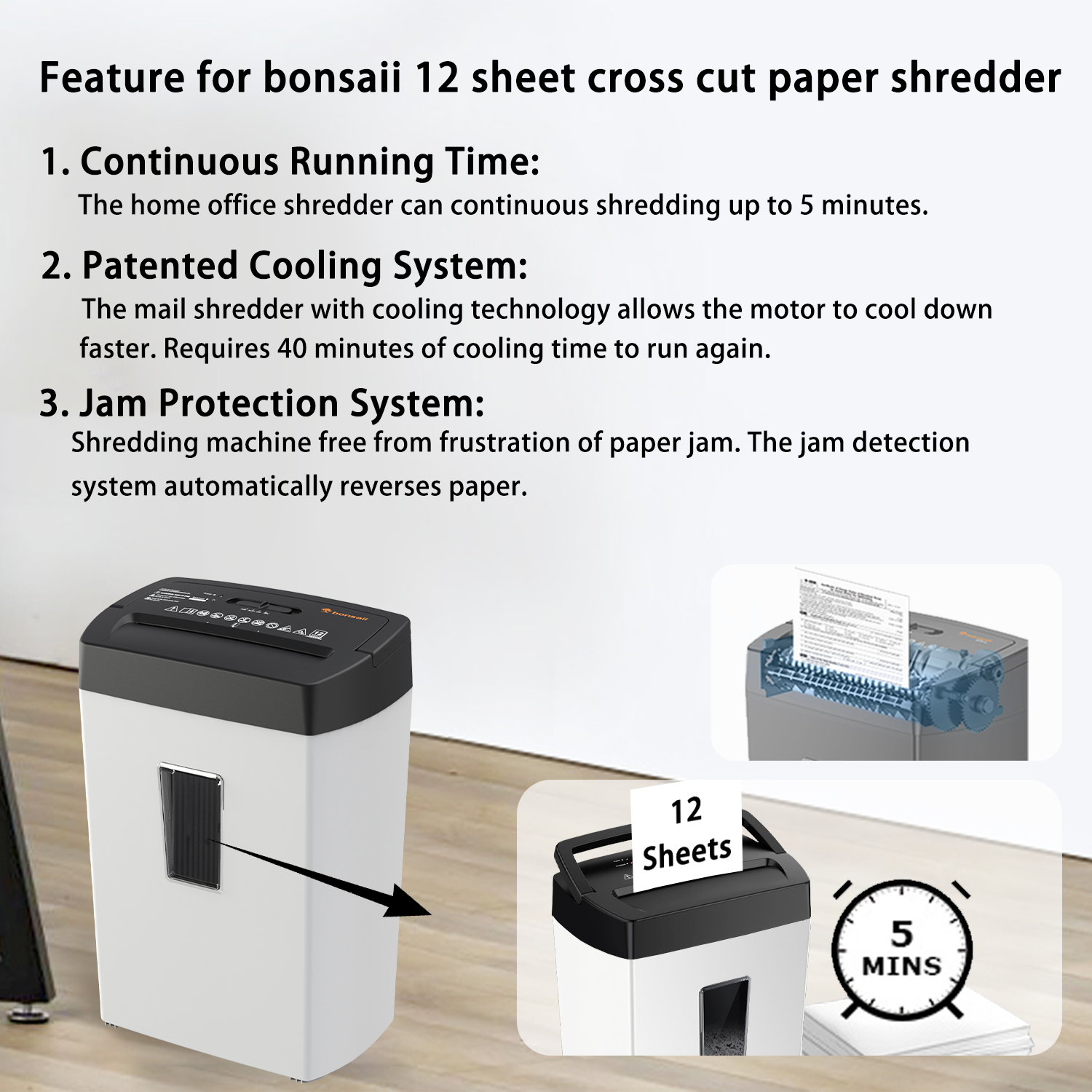Bonsaii 12-Sheet Crosscut Paper Shredder with 5.5 Gallon Bin - P-4 Security Level Heavy Duty Shredder for Home & Office - Destroys Paper, Credit Cards, Staples & Mail - White & Black with Viewing Window | Perfect for Document Security, Identity Protection & Office Organization