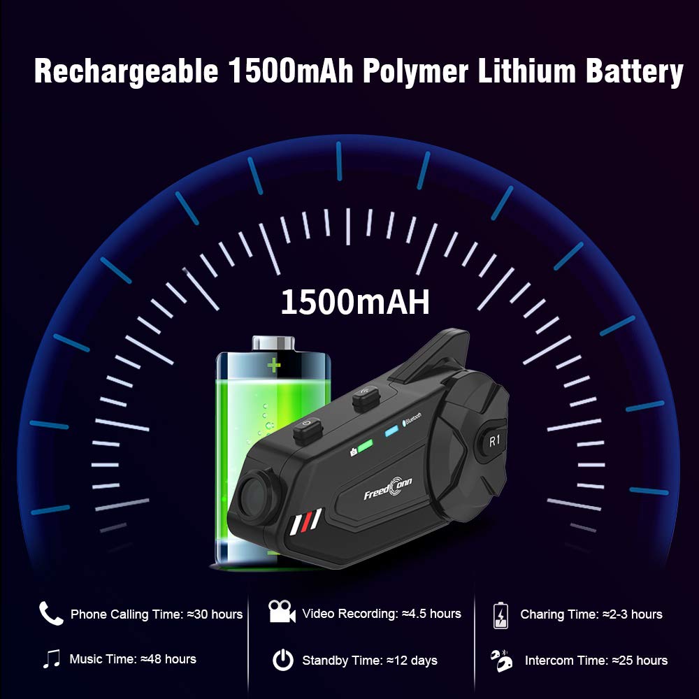 FreedConn R1plus Bluetooth Motorcycle Helmet Headset with Camera - 1000M Range, 6-Way Intercom, Waterproof, FM Radio - Wireless Communication System for Most Helmets - Perfect for Group Rides, Touring & Adventure Motorcycling