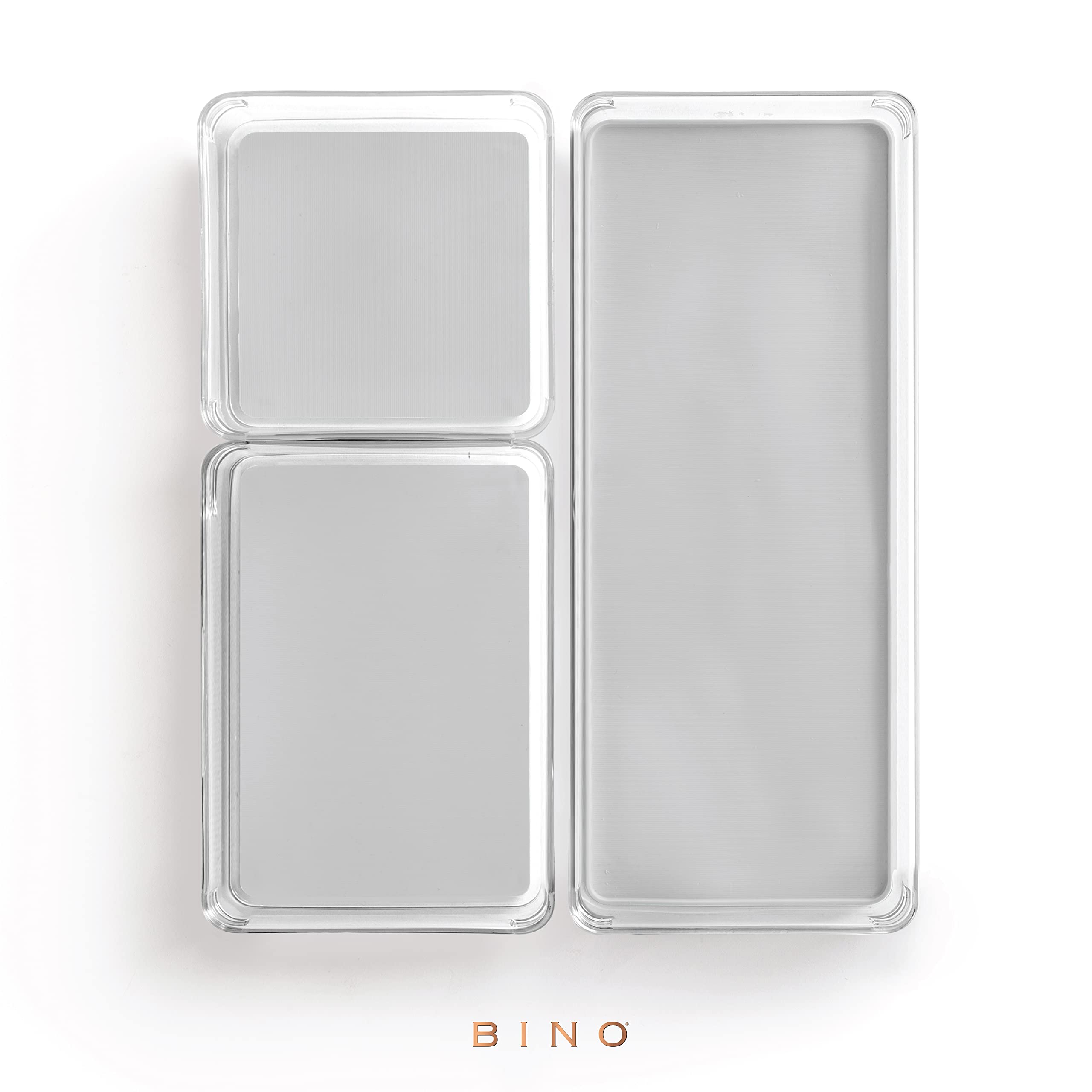 BINO 3-Piece Drawer Organizer Set - Large Grey Storage Bins with Soft-Grip Lining & Non-Slip Feet | Modular Multi-Purpose Desk & Vanity Organizer | Durable BPA-Free Plastic | Perfect for Bedroom, Bathroom & Office Organization