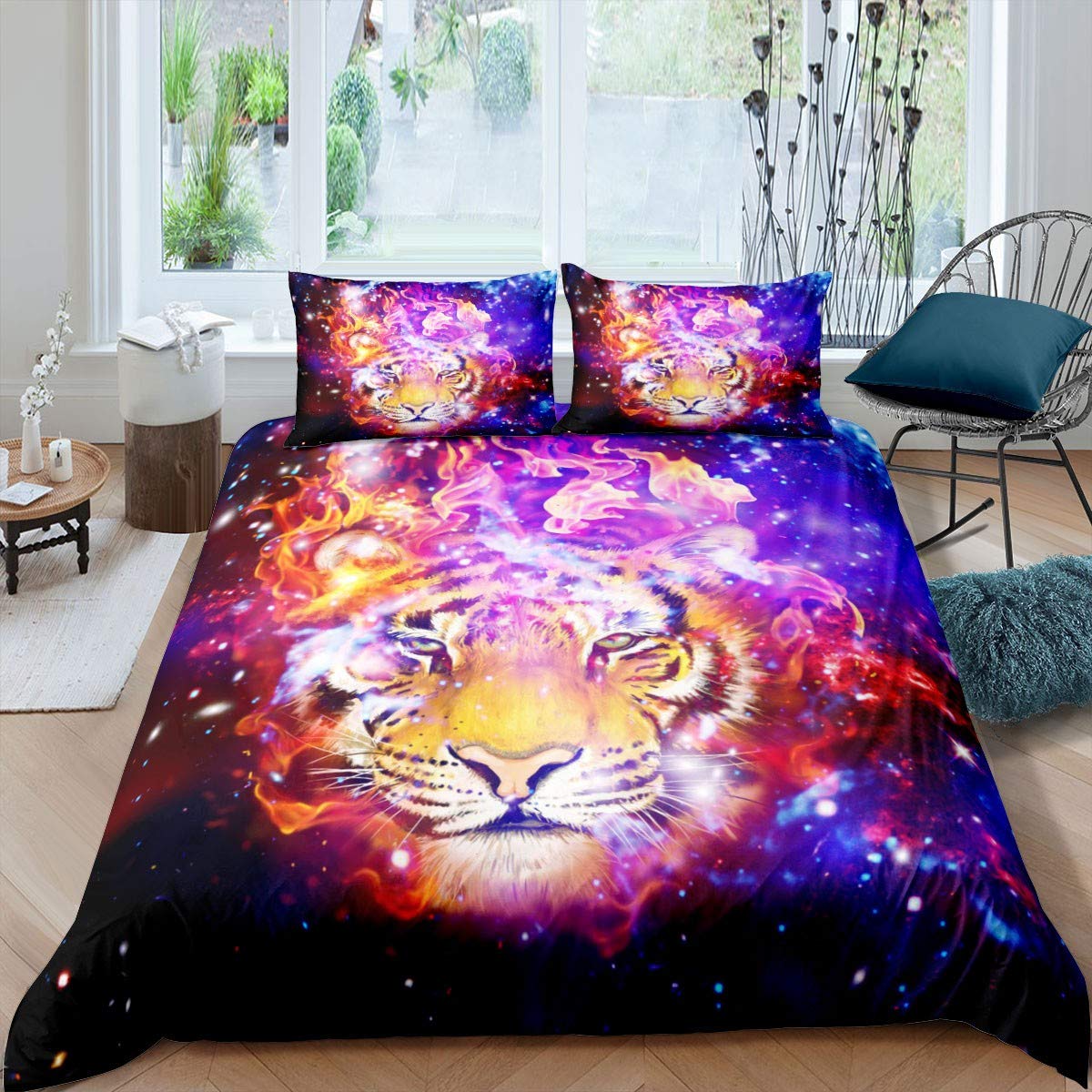 Galaxy Starry Sky Duvet Cover Set - Tiger & Safari Cat Print Twin Size Bedding for Kids (2Pcs) | Wild Animal Theme Comforter Cover for Boys & Girls | Perfect for Bedroom Decor, Sleepovers & Themed Rooms