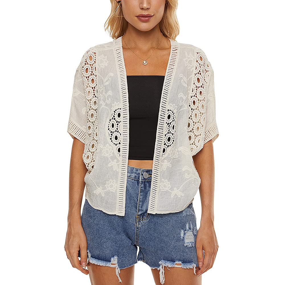 Women's Short Sleeve Crochet Lace Bolero Shrug Cardigan - Lightweight Open Front Cover Up for Summer, Beach, Wedding & Evening Wear