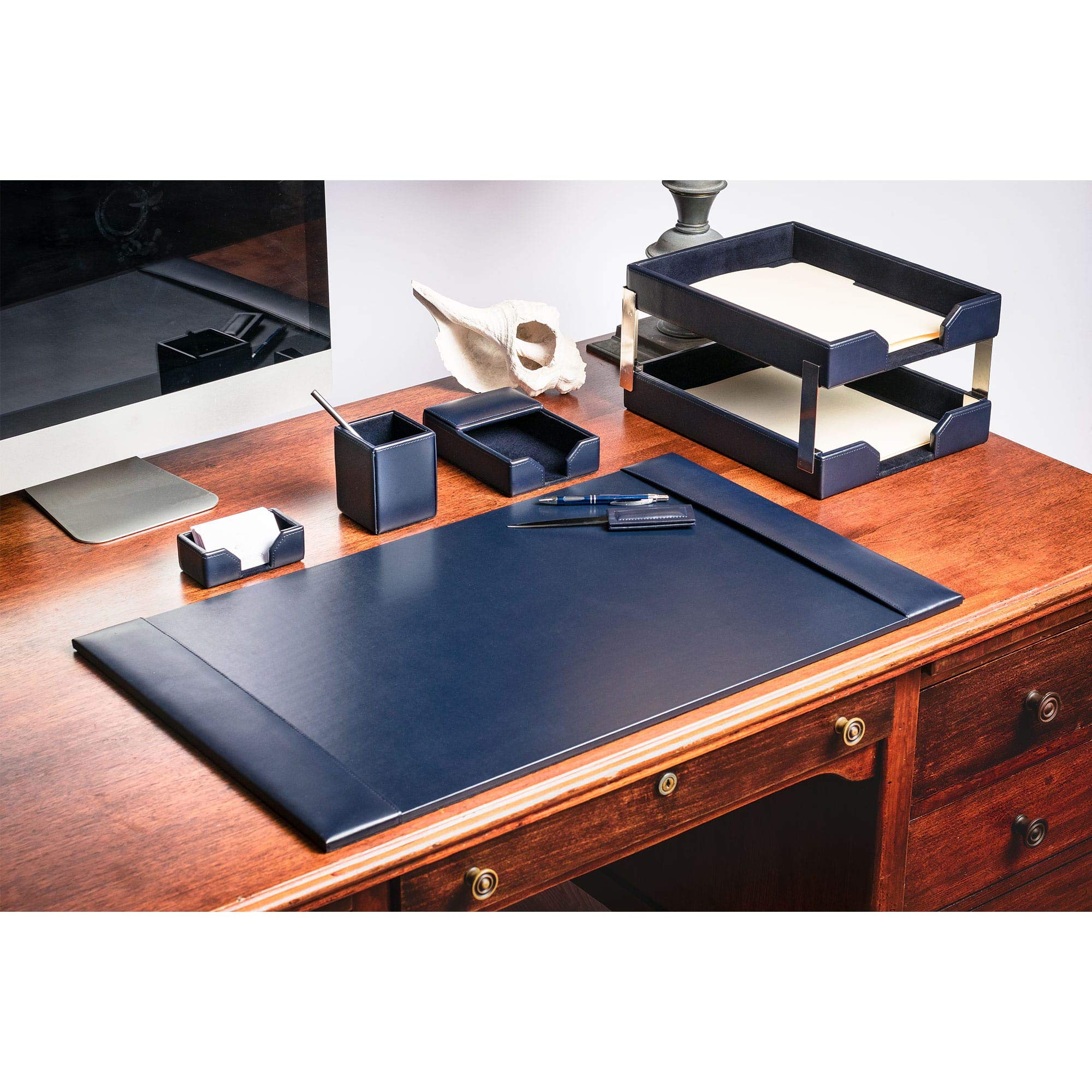 Premium DACASSO Bonded Leather Desk Set - Luxury Office Desk Pad & Organizer with Pen Holder, Letter Tray & Accessories (Navy Blue, 8-Piece) - Perfect for Home Office, Executive Desk & Professional Workspace Setup