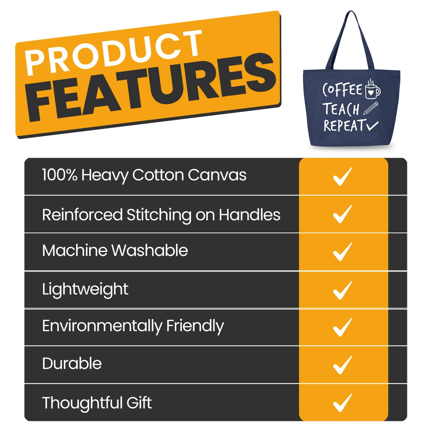 Shop4Ever Coffee Teach Repeat Teacher Appreciation Gift - Heavy Duty Zippered Canvas Tote Bag, Reusable Grocery Shopping Bag for Educators - Perfect for School, Work, and Everyday Use