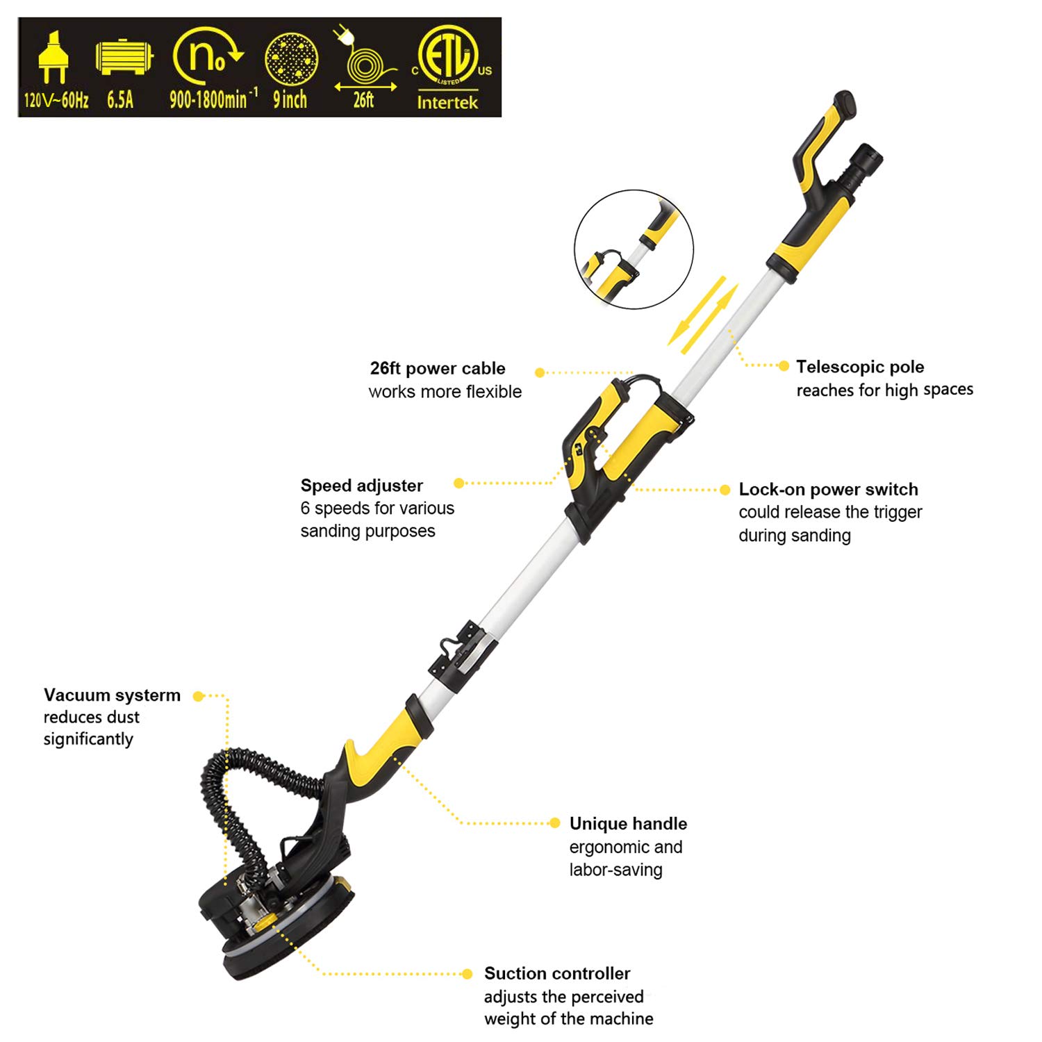 780W Electric Drywall Sander with Vacuum Dust Collection - 6.5A Dustless Floor Sander, Variable Speed 900-1800RPM, LED Light & Extendable Handle - Perfect for Drywall Repair, Home Renovation and Professional Construction Projects