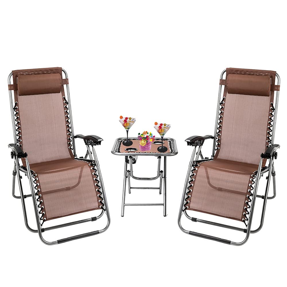 3-Piece Zero Gravity Lounge Chair Set - Heavy Duty Folding Outdoor Recliners for Patio, Poolside & Camping (2 Oversized Chairs + Side Table) - Comfortable Brown Patio Furniture for Adults - Perfect for Backyard Relaxation, Beach Lounging & Outdoor Gatherings