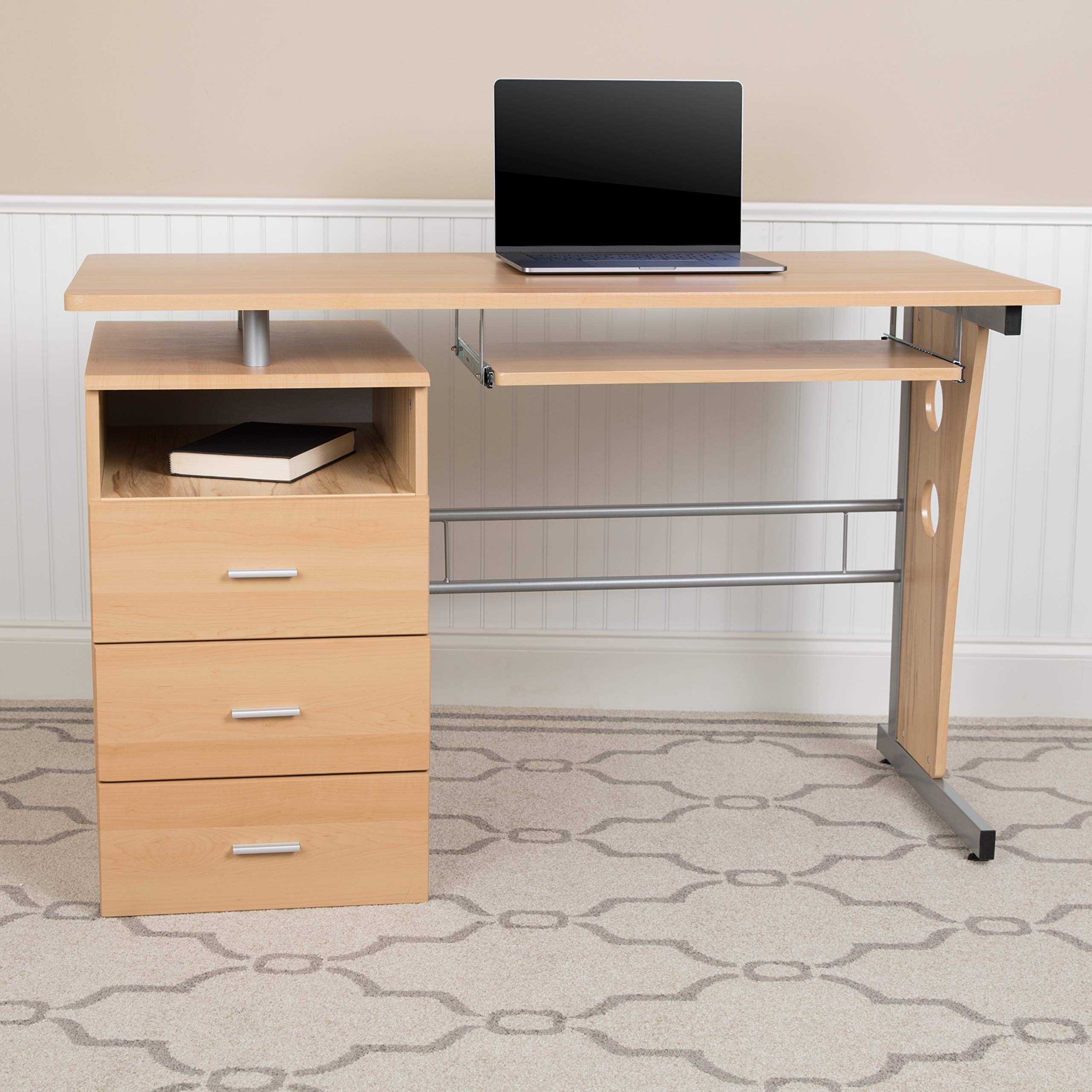 Solid Maple Wood Desk with 3 Drawers, Single Pedestal & Pull-Out Keyboard Tray - Perfect for Home Office, Study Room or Small Workspace