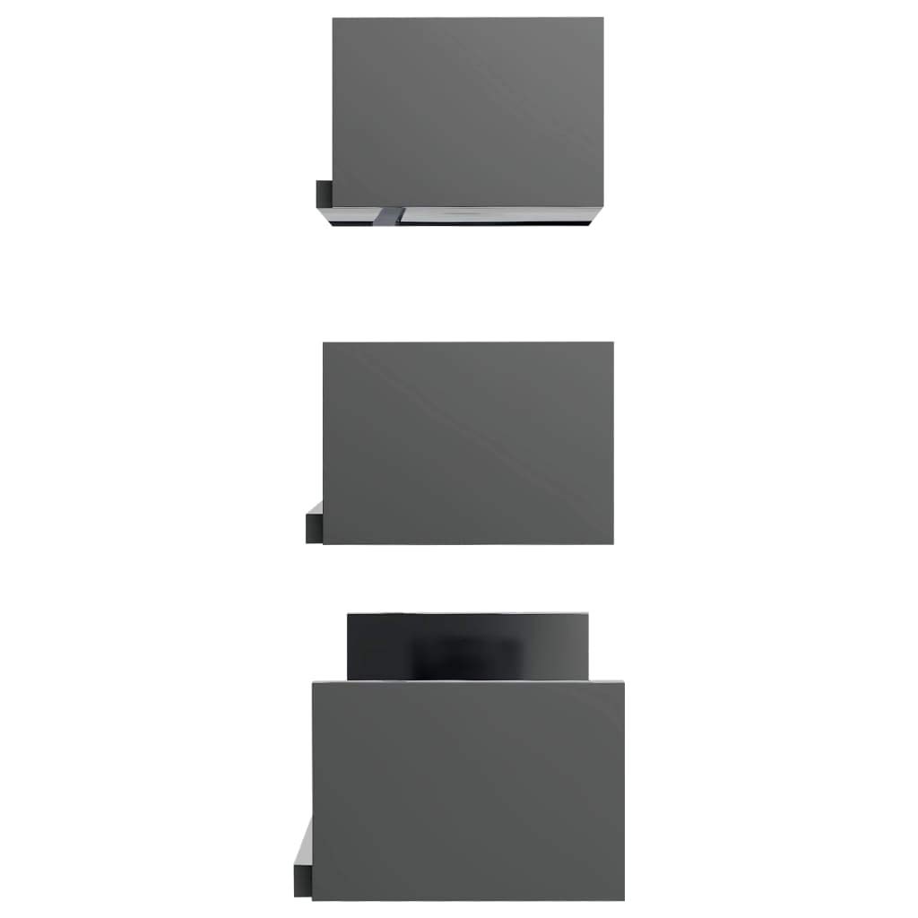 3-Pack Floating Wall Shelves Set - High Gloss Gray Chipboard Wall Mounted Display Shelves for Bedroom, Living Room & Office Decor - Perfect for Books, Photos & Decorative Items