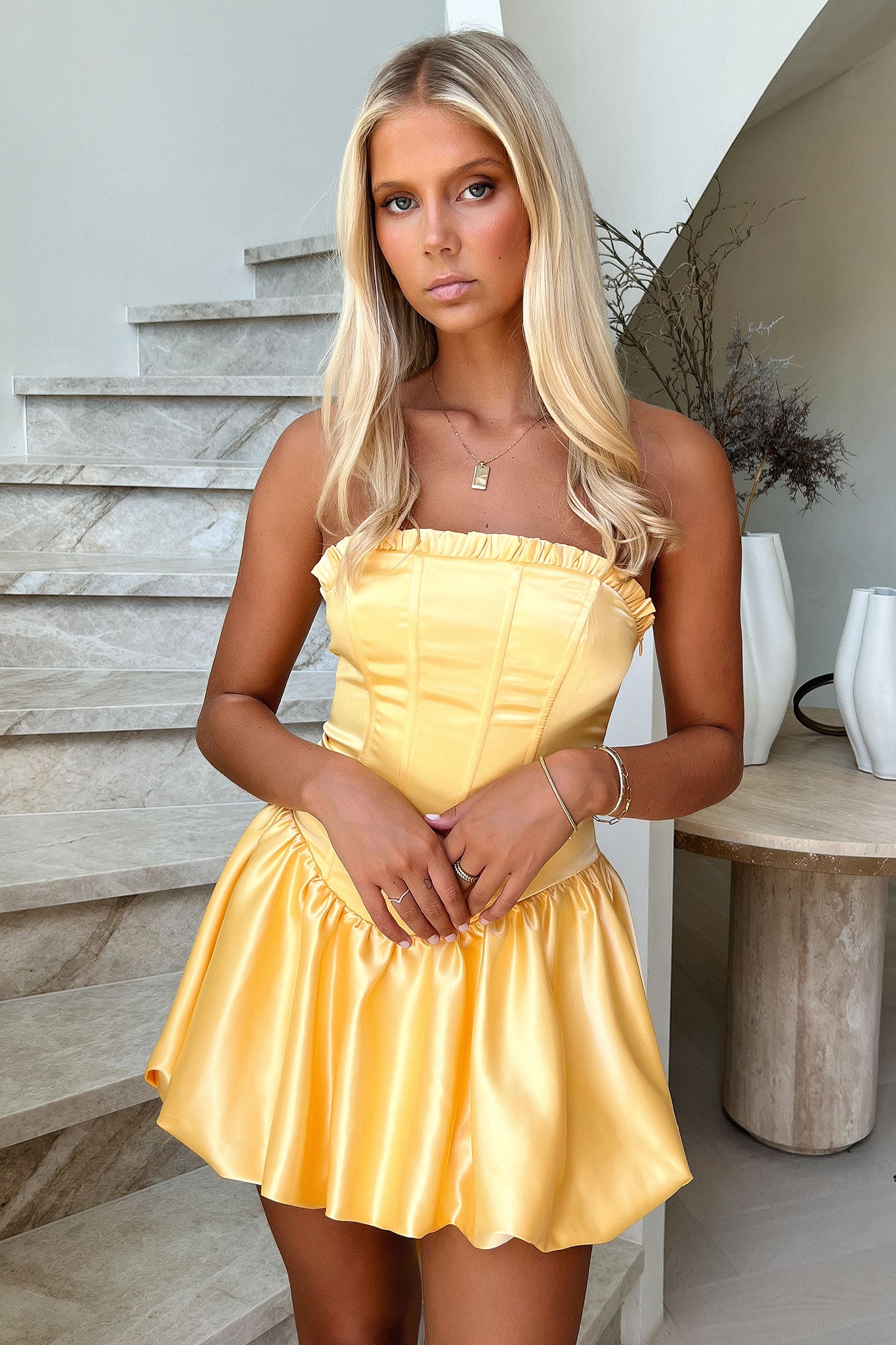 Elegant Strapless Satin Party Dress for Women - Yellow, Formal Evening Gown for Prom, Wedding, Cocktail & Special Occasions