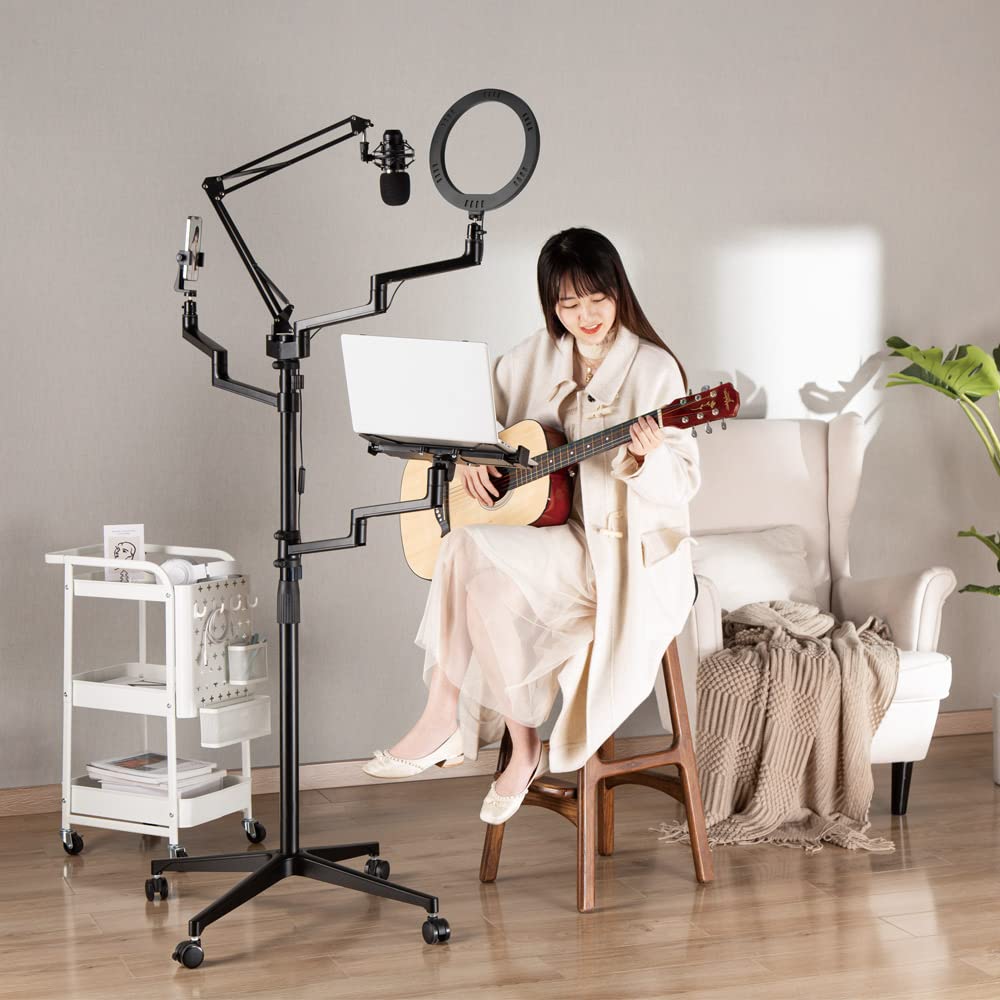 Professional MDS11-2 Live Streaming Boom Arm Kit with Mobile Cart - Adjustable Desk Mount Camera Arm, Webcam Clamp Stand, Microphone Boom & Laptop Holder - Includes 10