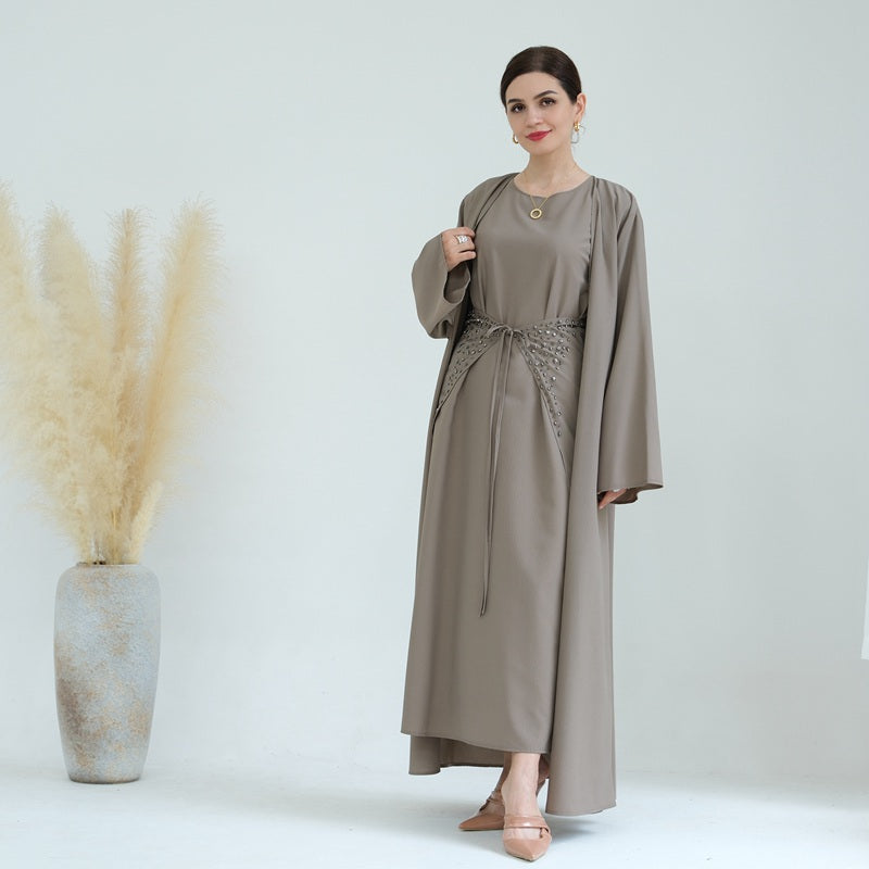 Muslim Women's 4-Piece Abaya Dress Set with Scarf, Outer Abaya, Mid Wrap & Inner Dress - Modest Islamic Prayer Outfit for Daily Wear & Special Occasions