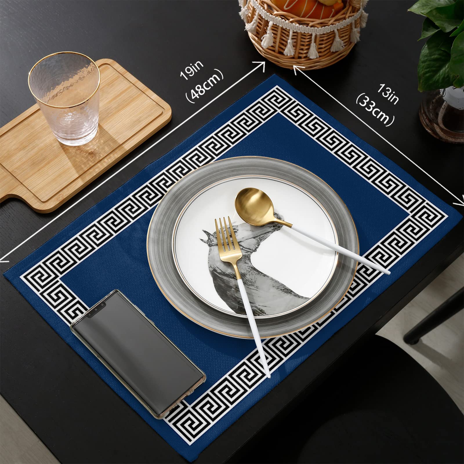 Modern Geometric Greek Key Design Placemats - Set of 4 Navy Blue Washable Table Mats for Dining Room, Kitchen Decor, and Dinner Table Settings