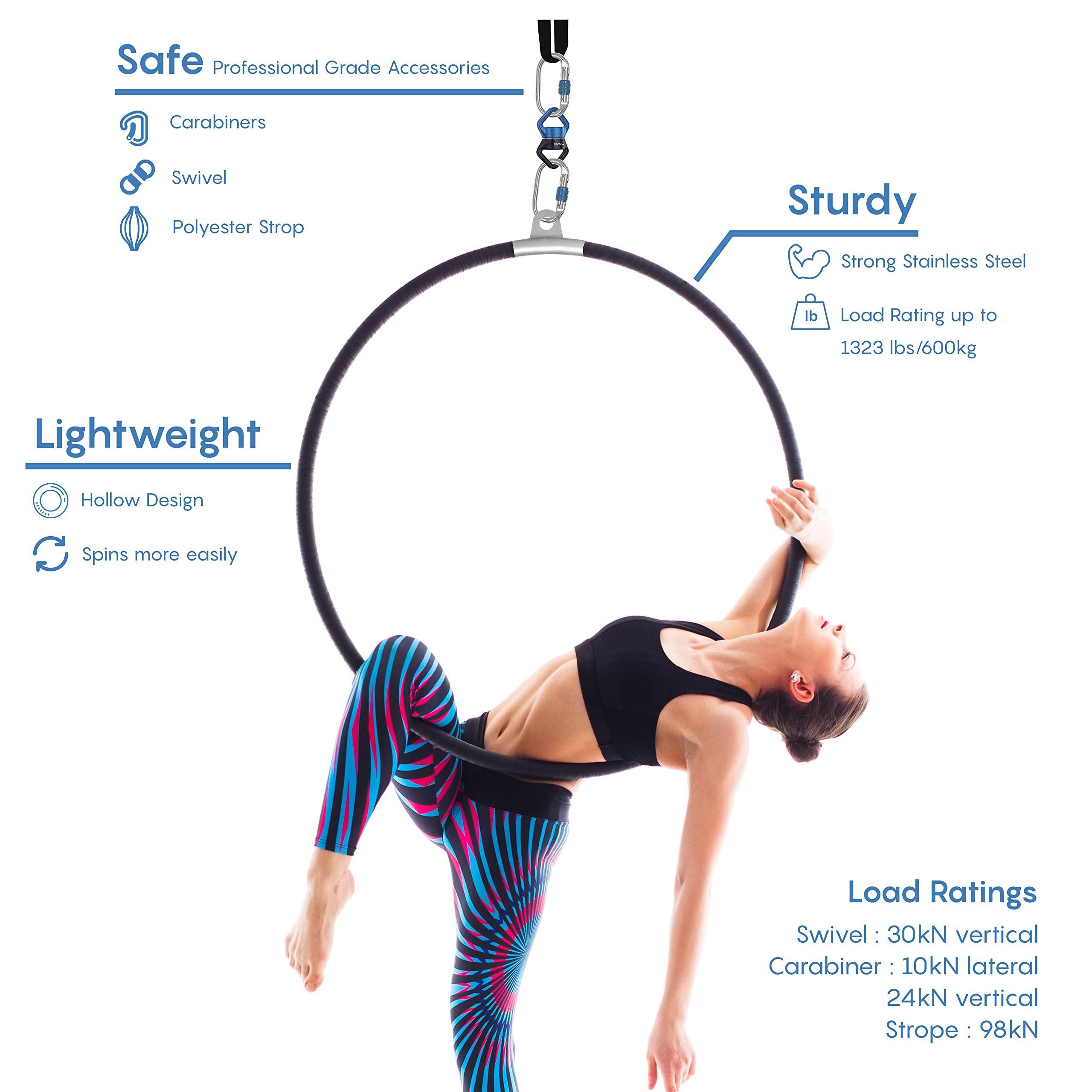 90cm/95cm Aerial Hoop Kit - Single Point Lyra Hoop Set with Carabiners, Swivel & Storage Bag - Perfect for Beginners, Home Practice & Circus Training - Indoor/Outdoor Fitness & Aerial Yoga Equipment