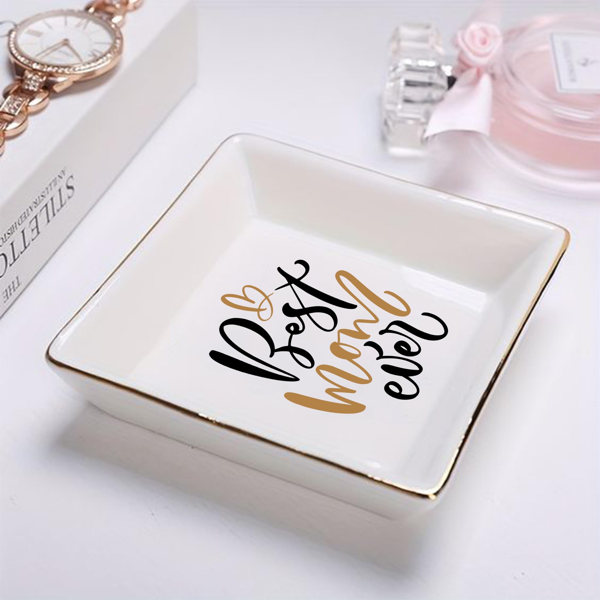 LADY&HOME Ceramic Trinket Dish for Mom - Elegant Jewelry & Ring Holder, Perfect Mother's Day Gift, Birthday Present for Women - Ideal for Bedroom Dresser, Bathroom Vanity & Entryway Organization
