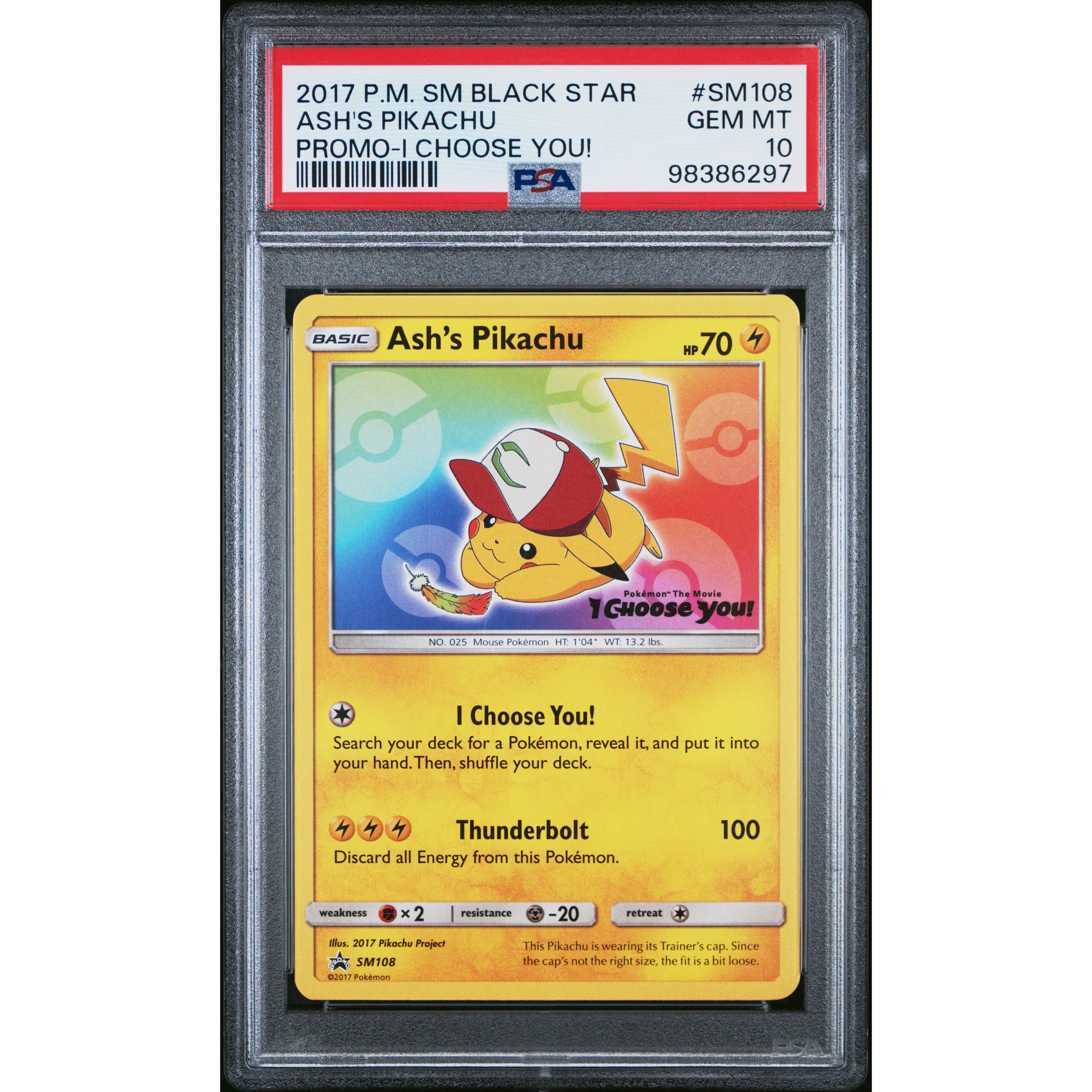 2017 Pokemon Sun & Moon SM108 Ash's Pikachu Promo Card PSA 10 Gem Mint - Rare Collectible for Pokemon TCG Players & Fans - Perfect for Gaming, Trading & Display