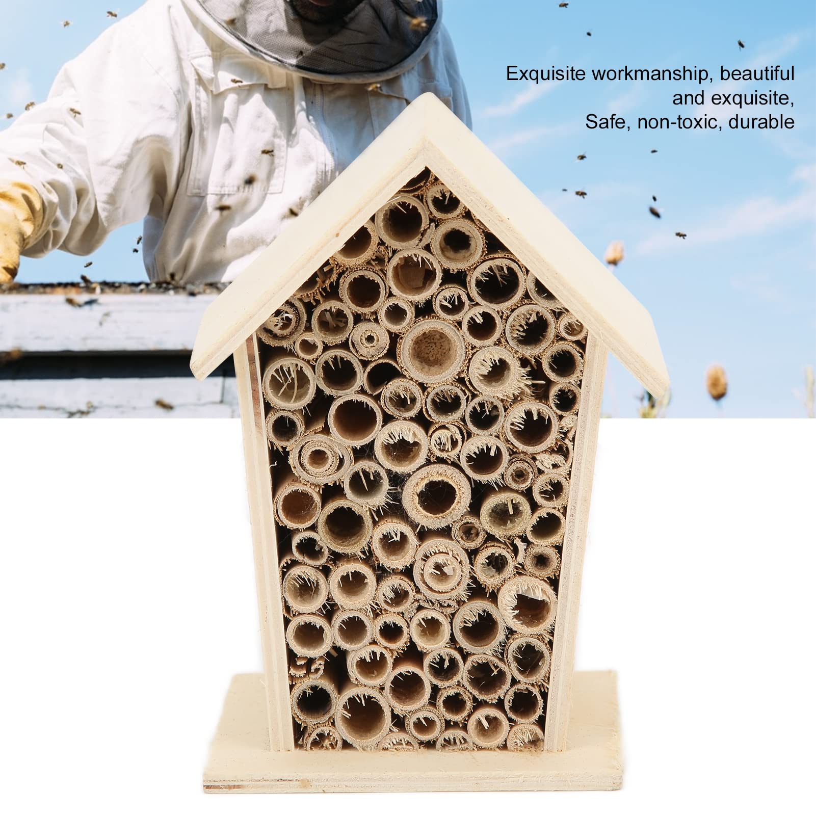Hztyyier Wooden Bee House - Natural Attractive Design Outdoor Garden Bee Hive for Pollinators, Perfect for Backyard, Patio, and Garden Decor to Attract Bees & Beneficial Insects