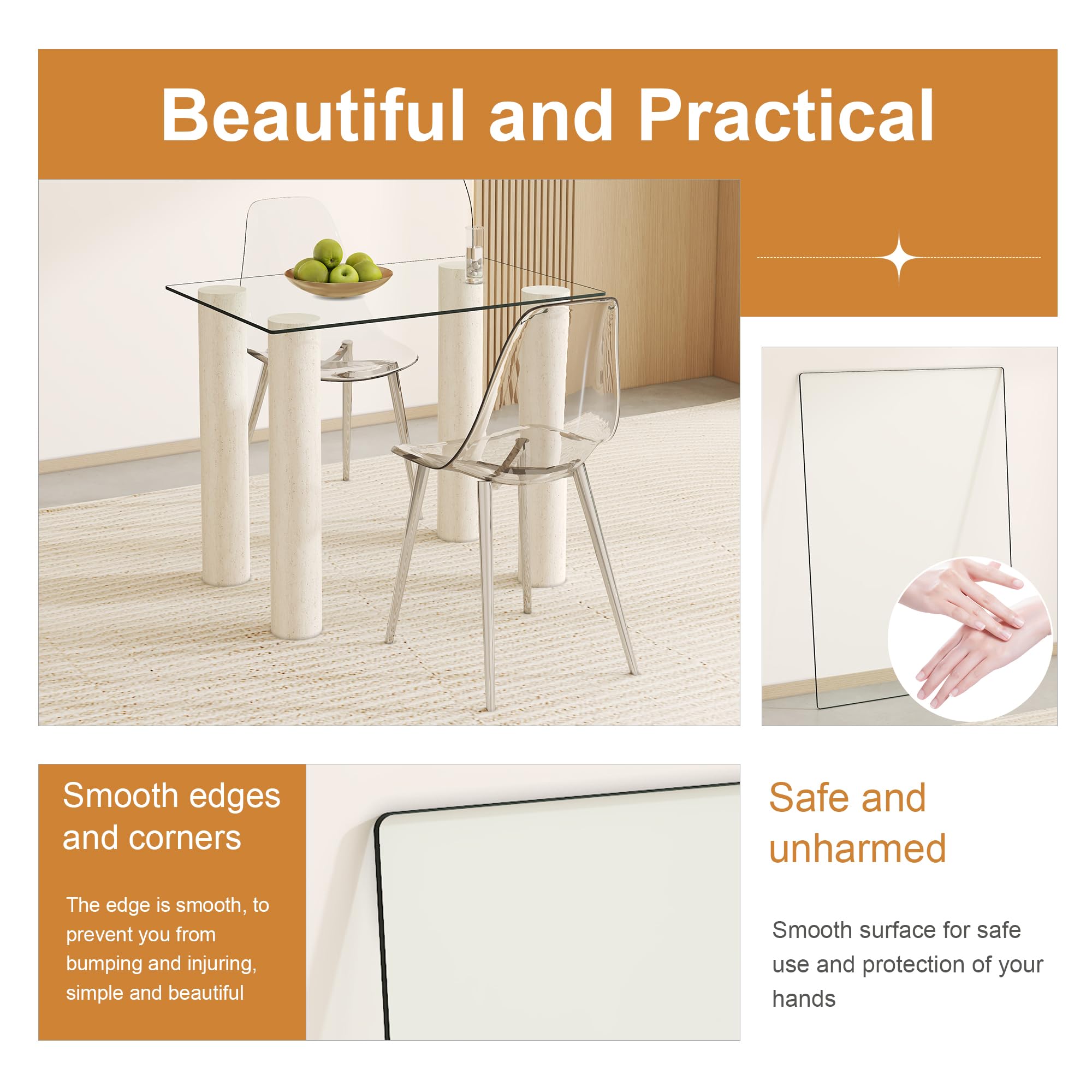 24x36 Inch Tempered Glass Table Top - 0.31 Inch Thick Clear Rectangle Tabletop with 6 Anti-Slip Rubber Pads - Replacement Glass for Dining Table, Kitchen Island, Patio Furniture & Coffee Table - Perfect for Home, Office and Restaurant Use