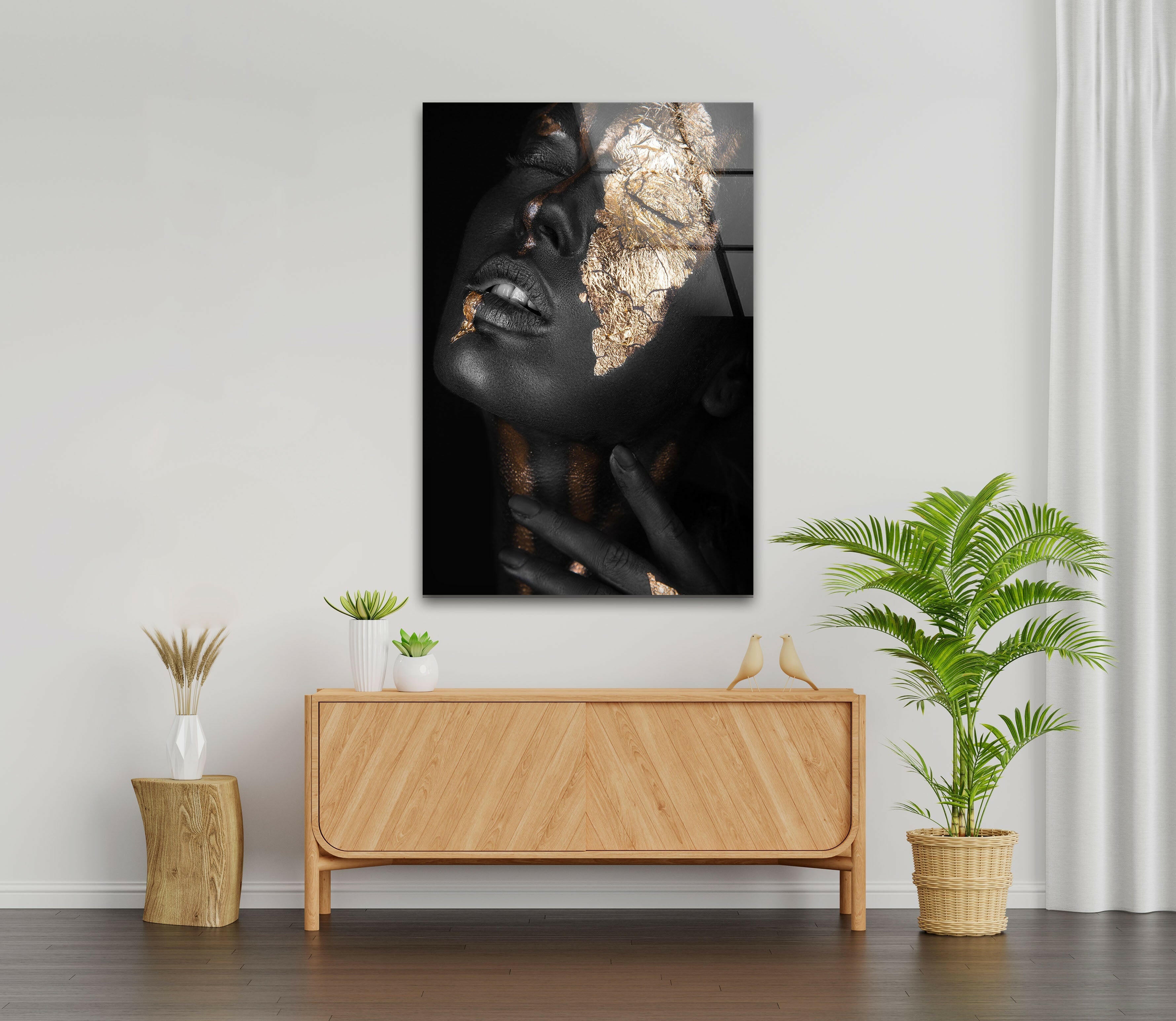 Elegant Black Woman Gold Glass Wall Art - Modern Home Decor for Living Room, Bedroom & Office
