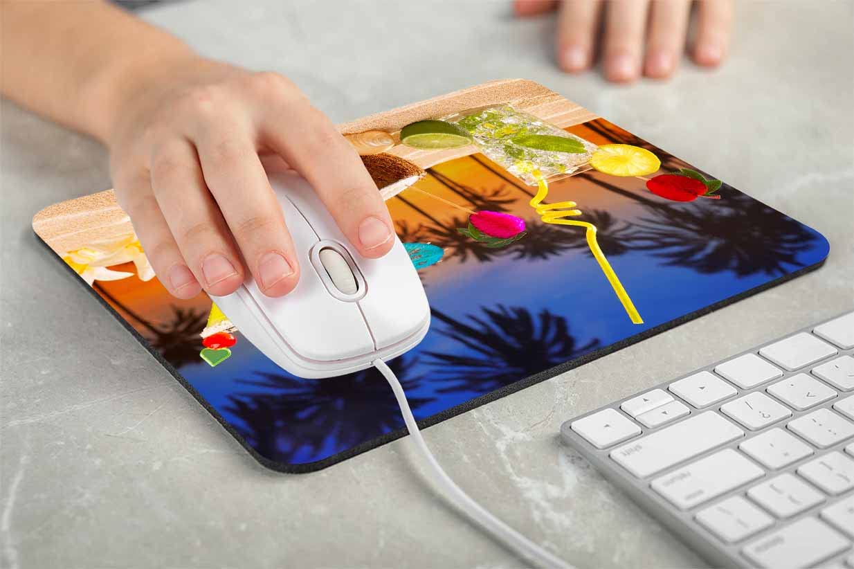 Non-Slip Rubber Base Mouse Pad with Tropical Beach Cocktail Sunset Design - 9.5