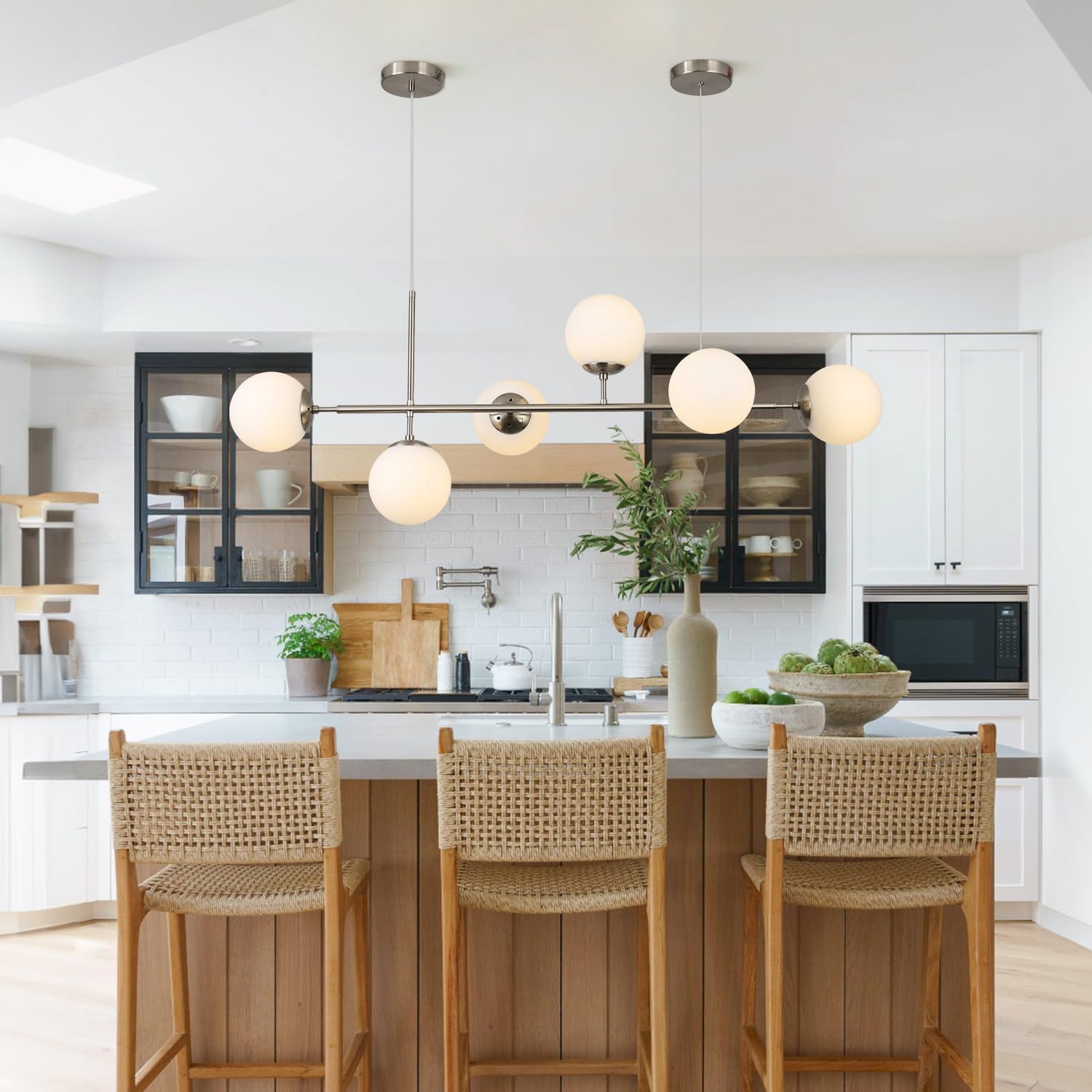 KCO Modern Mid-Century Glass Sputnik Pendant Light - Adjustable 6-Light LED Chandelier for Kitchen Island, Dining Room & Living Room (Silver/White) - Perfect for Contemporary Home Lighting & Interior Decor