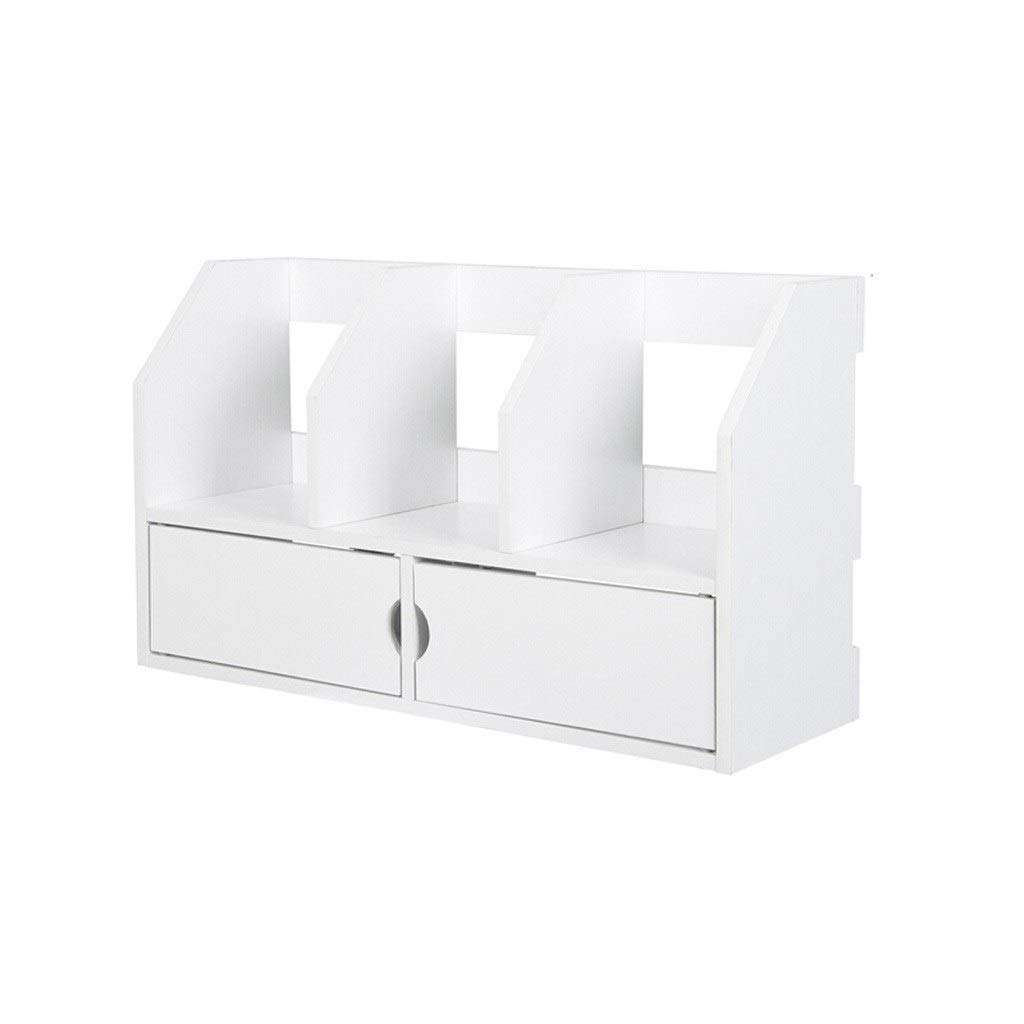 Expandable Bamboo Wood Desktop Bookshelf with 2 Drawers - Space Saving Book Organizer for Home Office, Study & Dorm Room - White Tabletop Bookcase for Books, Magazines & Office Supplies