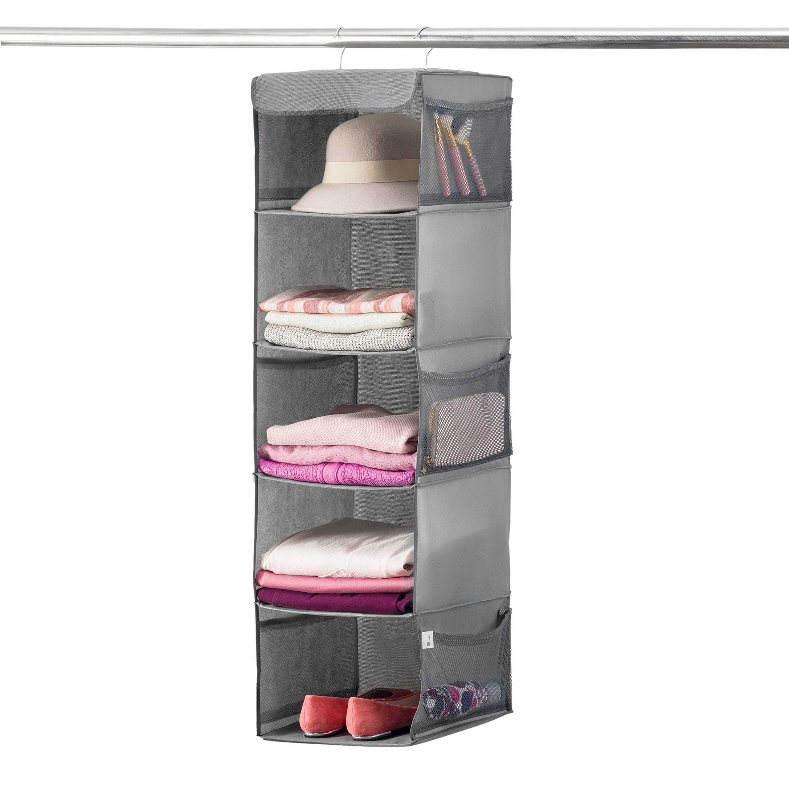 ZOBER 5-Shelf Hanging Closet Organizer for Clothes, Towels & Toys - Space Saving Storage Solution for College Dorm, Nursery & Home Closet - Perfect for Small Spaces & Wardrobe Organization