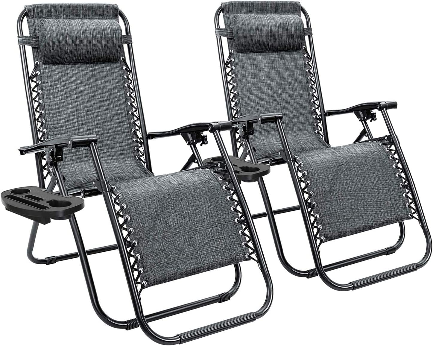 Set of 2 Adjustable Steel Mesh Zero Gravity Lounge Chair Recliners with Pillows and Cup Holder Trays - Gray - Perfect for Patio, Poolside, Backyard Relaxation and Outdoor Lounging