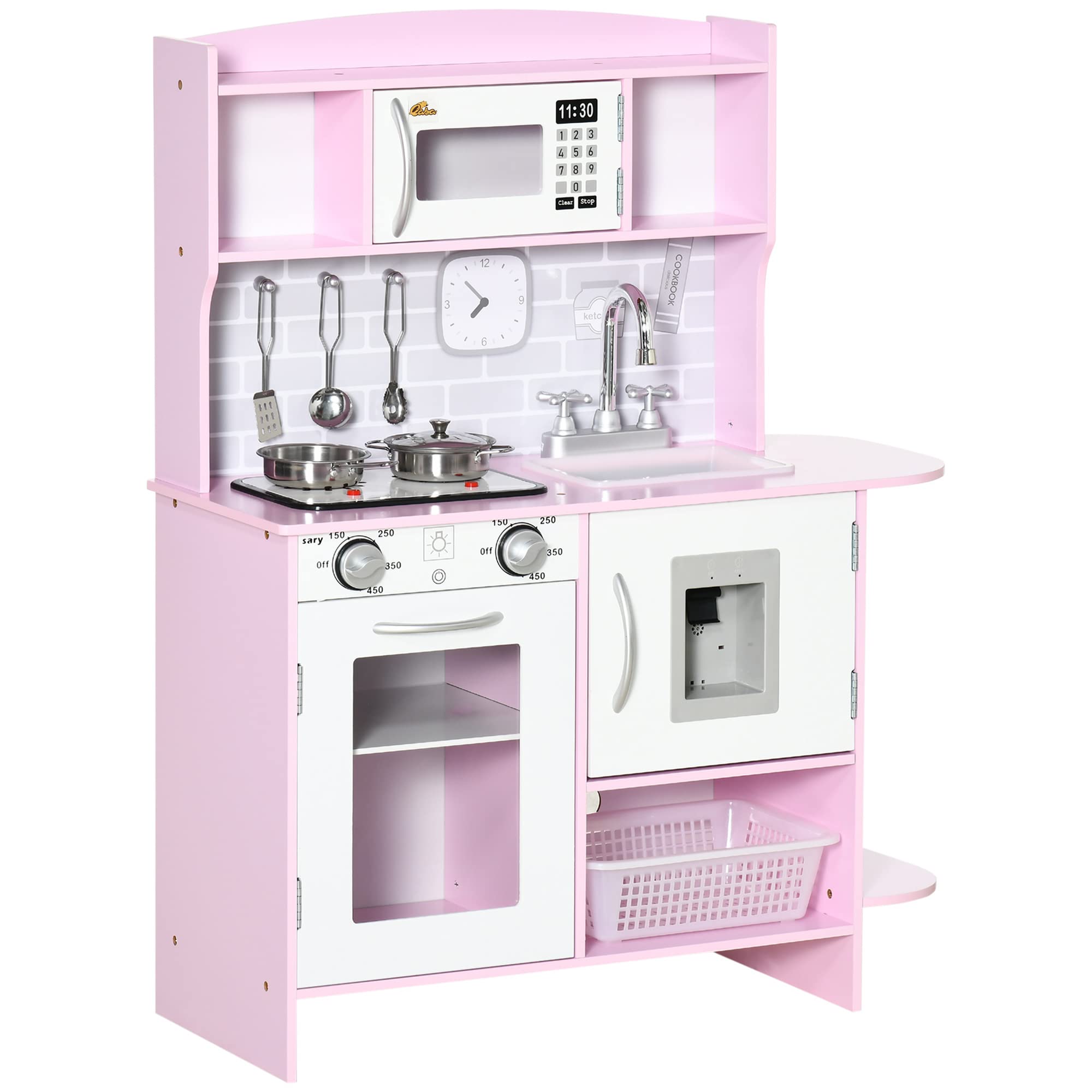 Qaba Kids Pretend Play Kitchen Toy Set - Realistic Design with Stove Lights, Storage & Water Dispenser - Educational Cooking Playset for Toddlers Ages 3-6 (Pink) - Perfect for Role Play, Birthday Gifts & Preschool Learning Activities