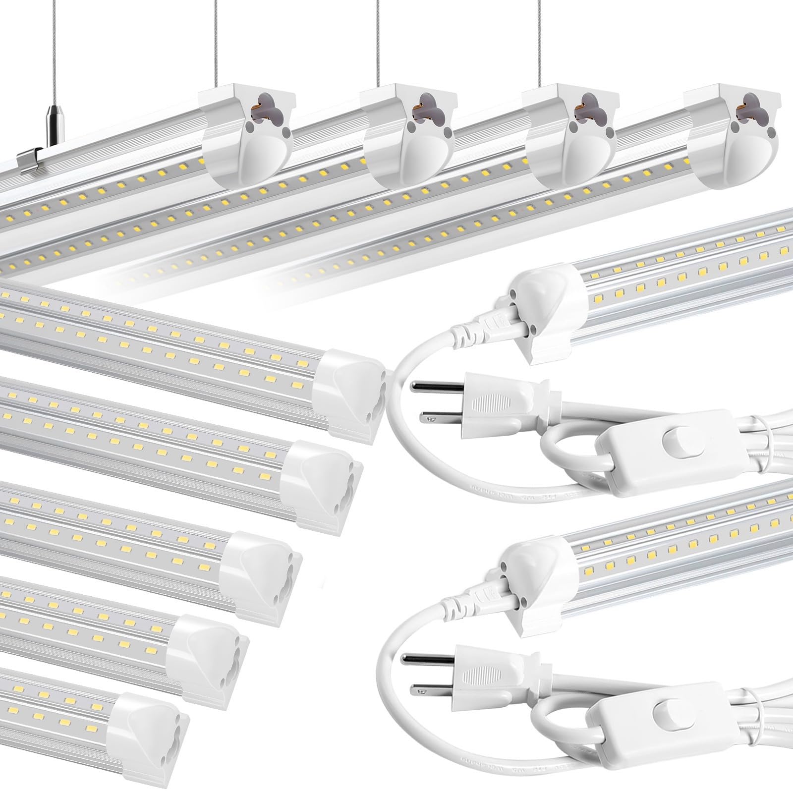 8FT LED Shop Light 10 Pack - 6000K Daylight White, 72W 11520LM Super Bright T8 LED Tube Lights, Plug & Play, Hanging/Surface Mount, Linkable for Garage, Warehouse & Workshop Lighting - Energy Efficient Commercial & Industrial Ceiling Lights