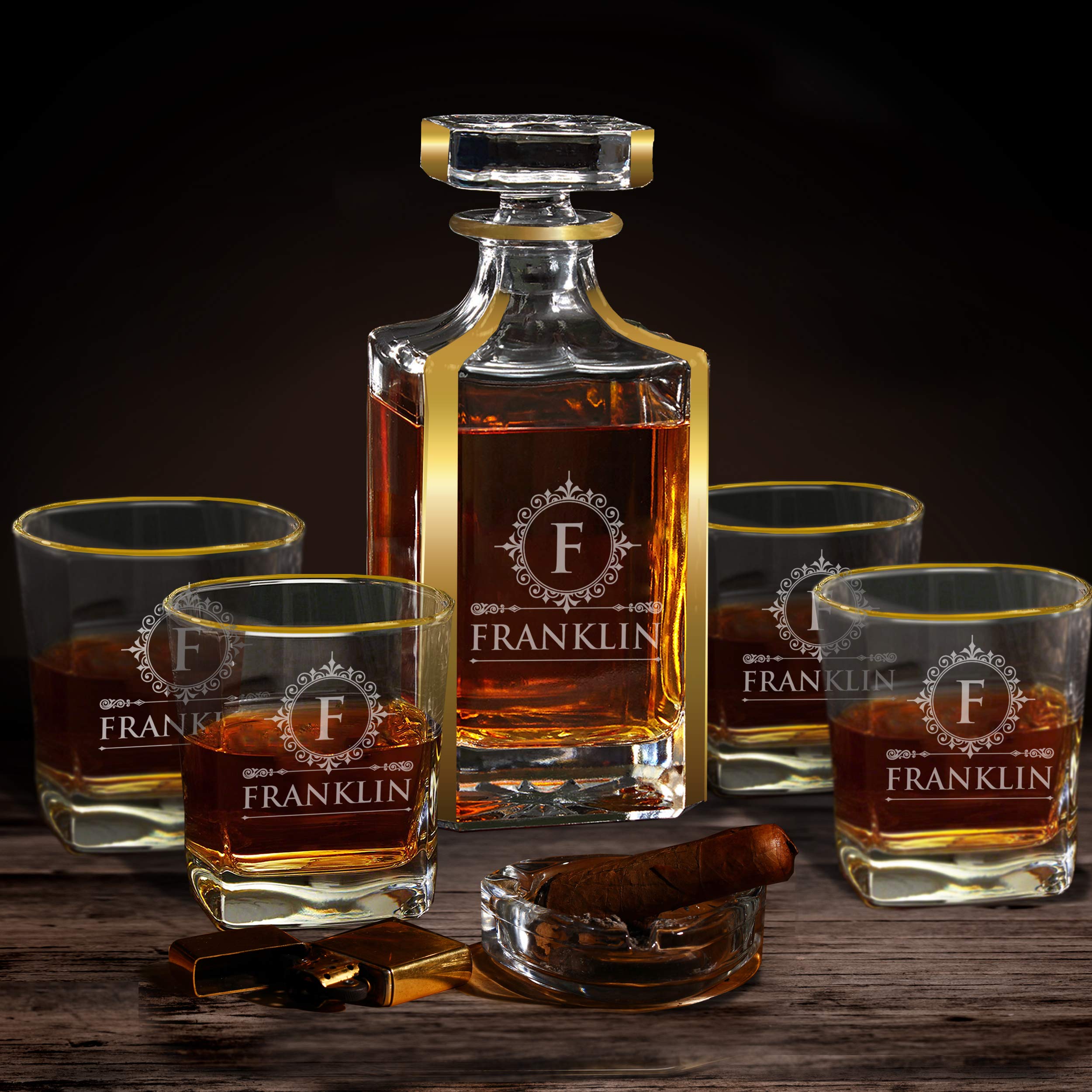 Personalized Whiskey Decanter Set with 2 Glasses - Custom Engraved Barware Gift with Gold Trim for Bourbon, Scotch & Liquor - Perfect for Weddings, Anniversaries & Home Entertaining