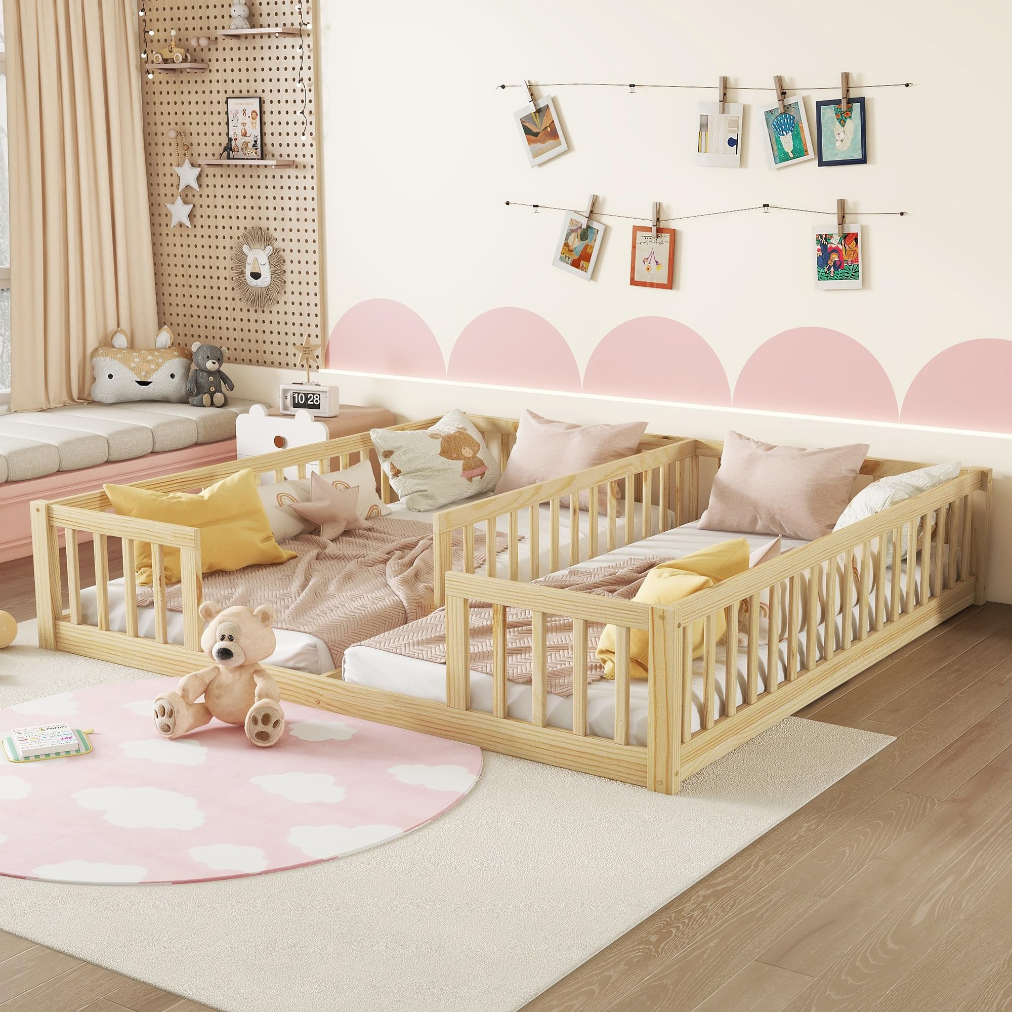 Montessori Floor Bed for 2 Kids - Wooden Twin Bed Frame with Safety Railings for Boys & Girls - Natural Solid Wood - Perfect for Shared Kids' Rooms & Montessori Learning Spaces