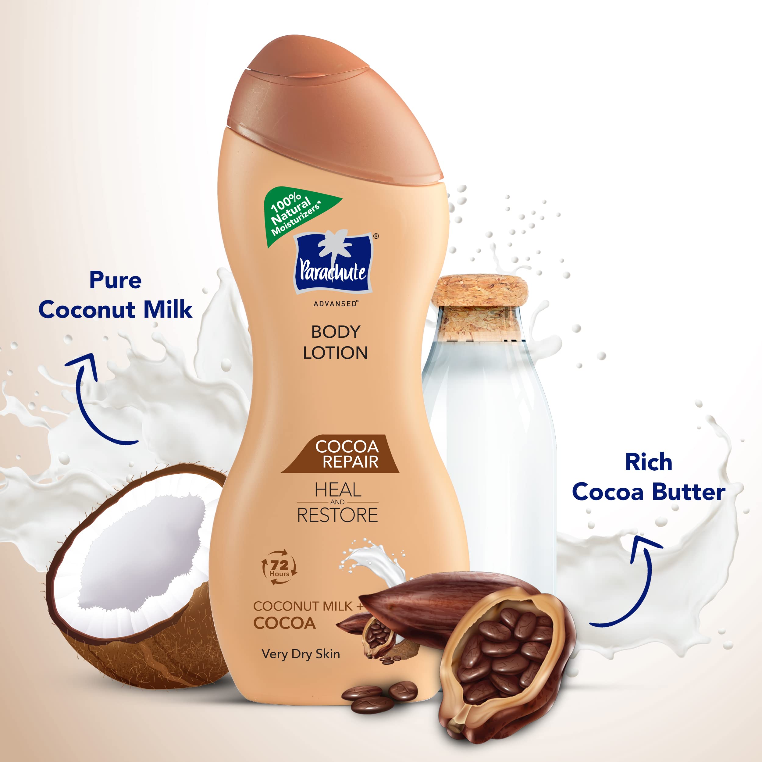 Parachute Advanced Deep Nourish Body Lotion with Pure Coconut Milk, 400ml | Natural Moisturizer for Dry Skin | Perfect for Daily Hydration & Post-Shower Care  Parachute Advanced Cocoa Repair Body Lotion with Pure Coconut Milk & Cocoa Butter, 250ml | 100% Natural Moisturizer | Ideal for Nighttime Skin Repair & Winter Skin Protection