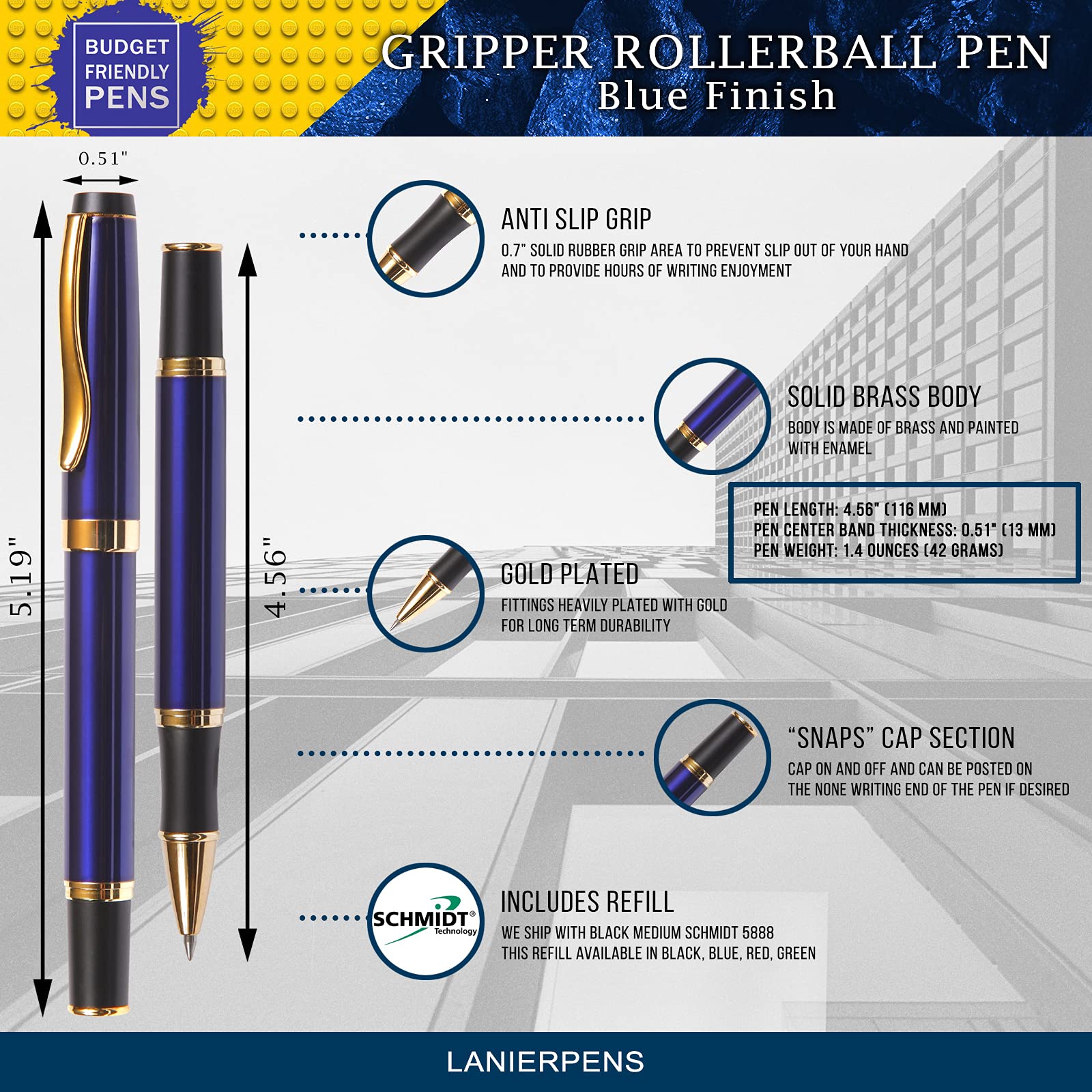 Lanier Gripper Rollerball Pen - Blue Ink Comfort Grip Writing Pen with Gift Box | Smooth Writing for Office, School & Everyday Use