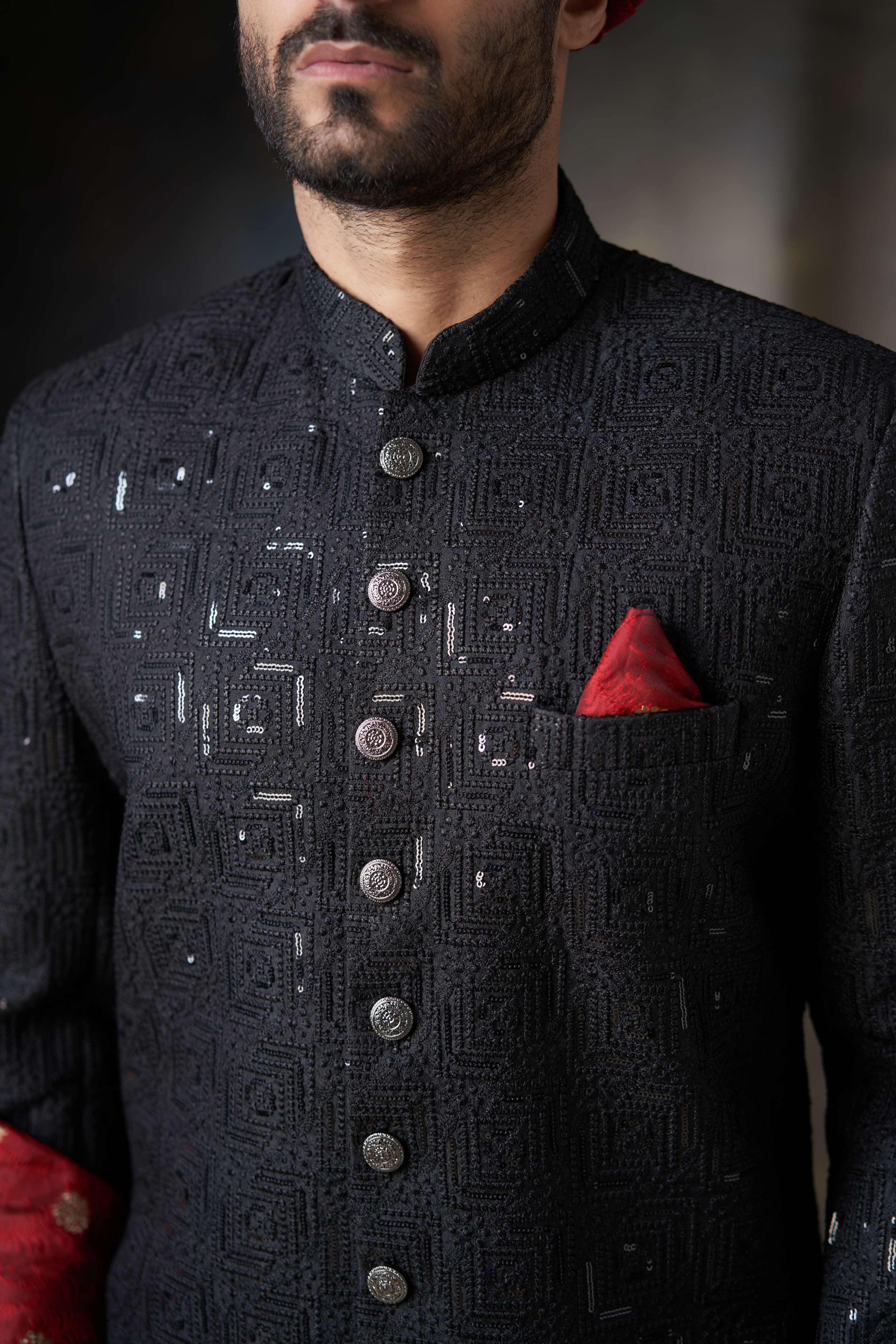 Elegant Jet Black Short Sherwani for Men with Sequins Detailing - Perfect for Weddings, Festivals & Special Occasions