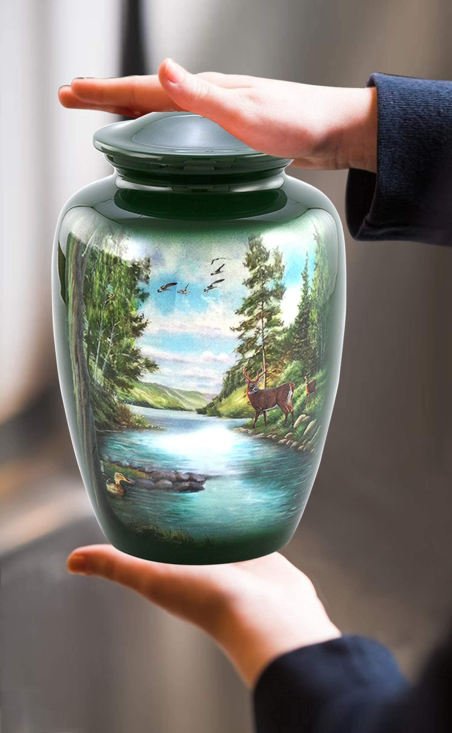 Handcrafted Wooden Memorial Urn for Ashes - Large Deer Engraved Cremation Urn with Velvet Storage Bag | Perfect for Home Memorials, Funeral Services & Pet Ashes Keepsake
