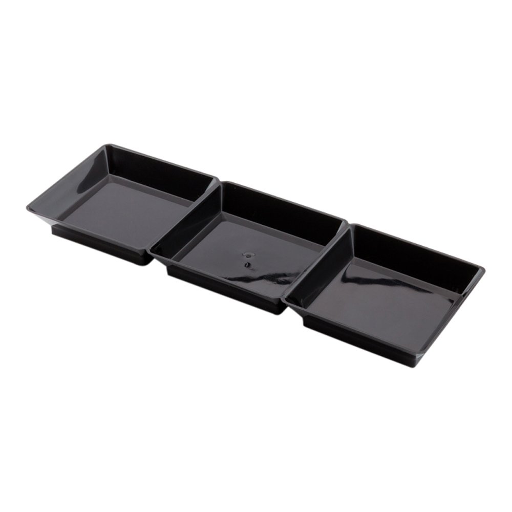 Disposable Black Plastic 3-Compartment Serving Trays 7.5x2.5 Inch - 100-Pack Divided Plates for Condiments, Appetizers & Snacks | Perfect for Restaurants, Catering & Party Food Service (Lids Sold Separately)