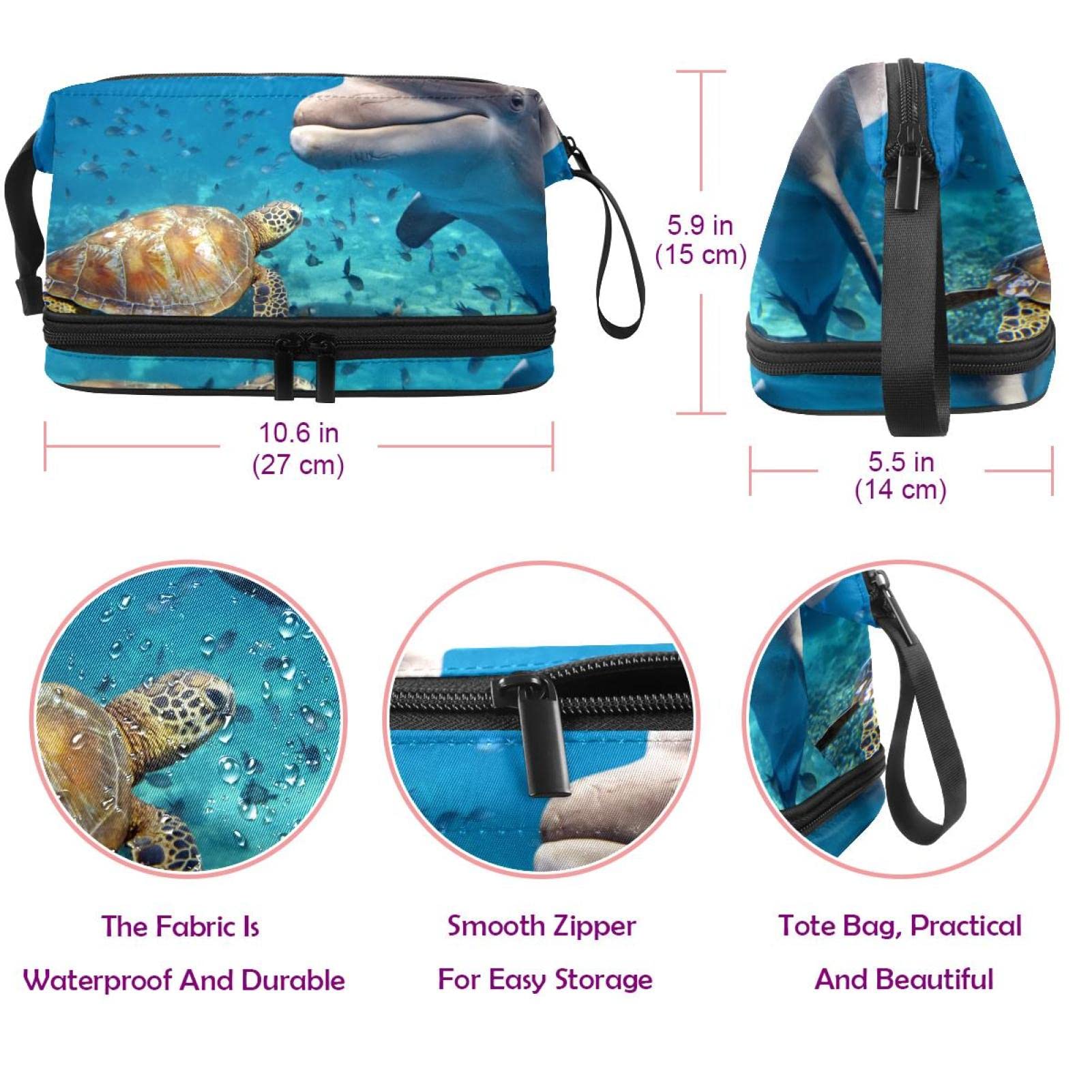 Waterproof Makeup Bag for Women - Large Travel Cosmetic Organizer with Brush Holder, Dolphin & Sea Turtle Design - Perfect for Travel, Gym, and Daily Use