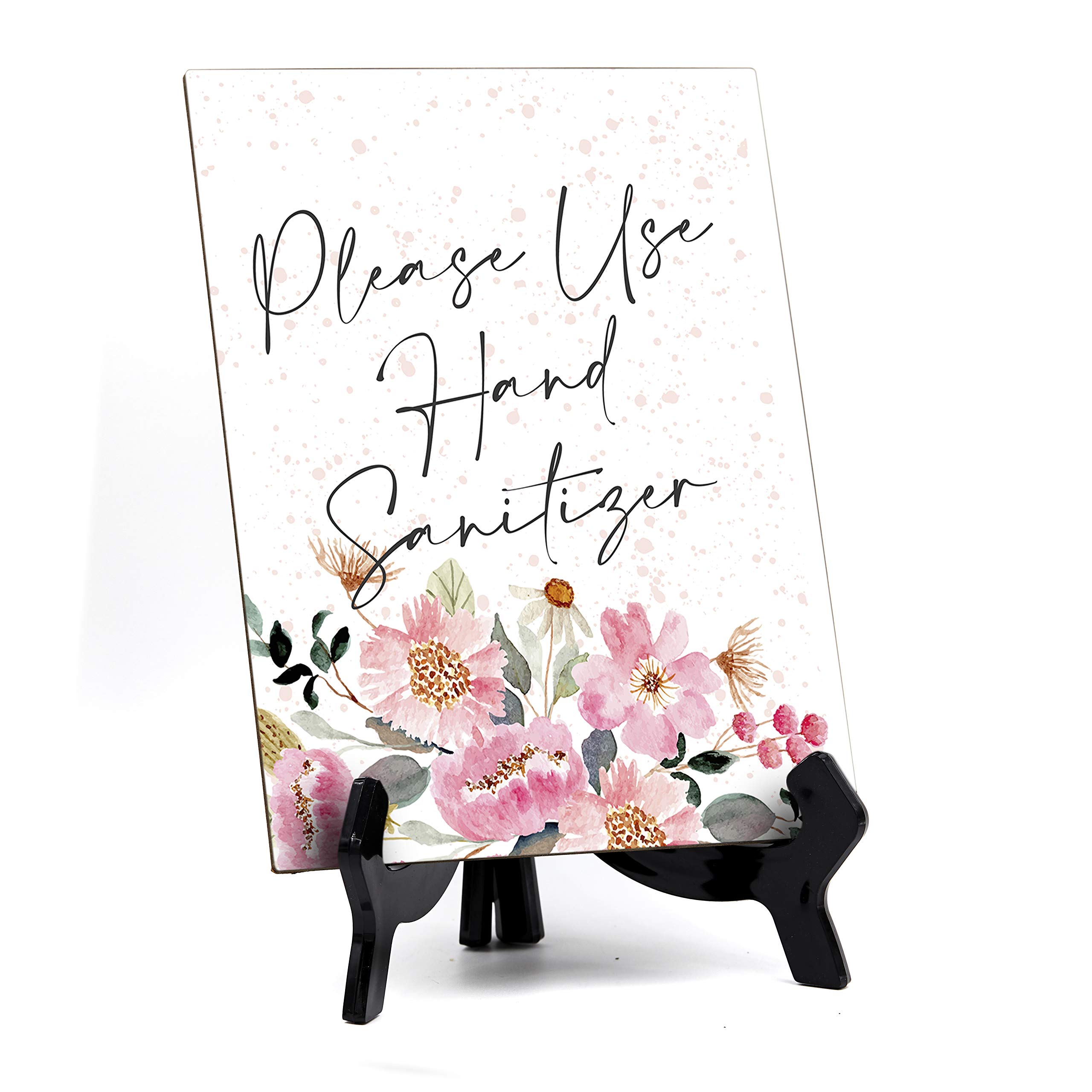 Hand Sanitizer Table Sign with Easel Stand - Floral Watercolor Design 6x8 - Perfect for Restaurants, Salons & Offices