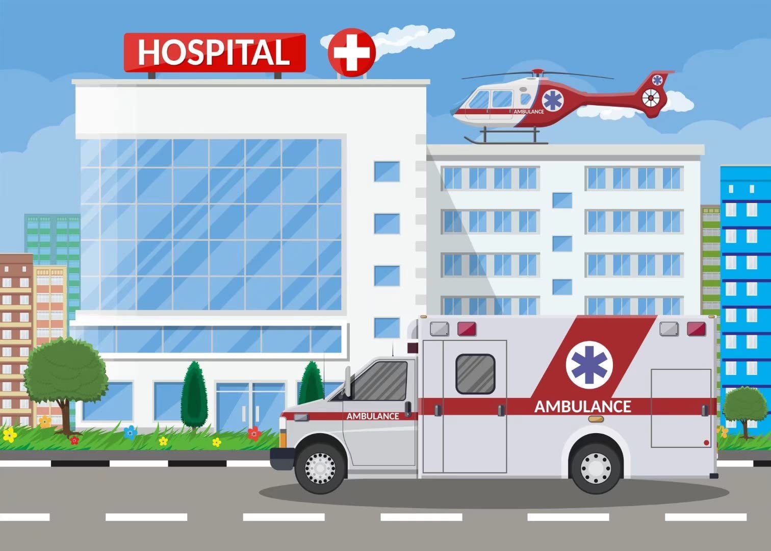 7x5ft BELECO Cartoon Ambulance & Hospital Building Backdrop - Doctor Nurse Themed Fabric Background for Healthcare Workers, Studio Props, Hospital Play Party Decoration - Perfect for Kids Birthday Parties, Medical Events & Photography Studios