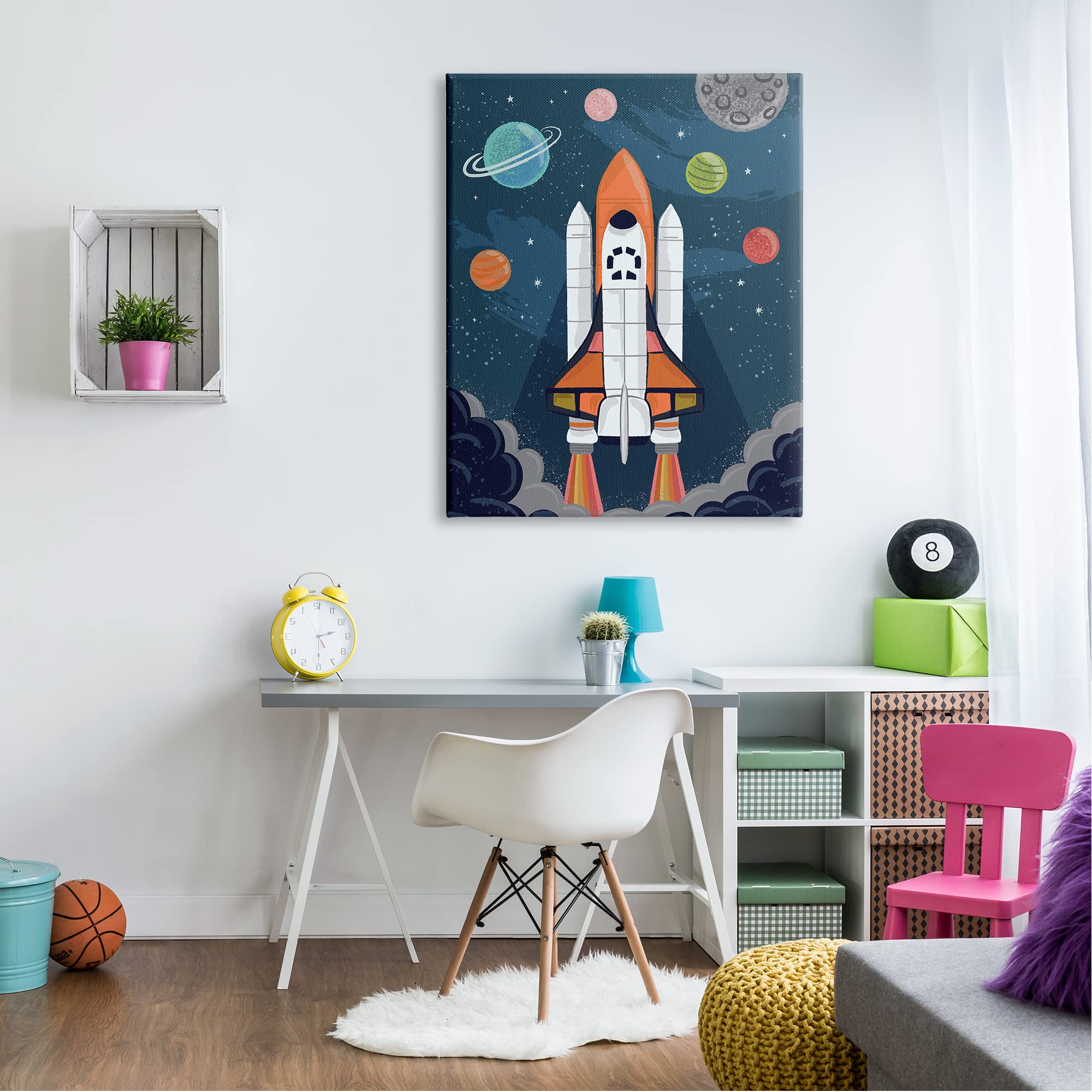 Stupell Industries Rocket Ship Ready for Flight Outer Space Planets Wall Art - Blue & White Design by Lisa Perry - 36